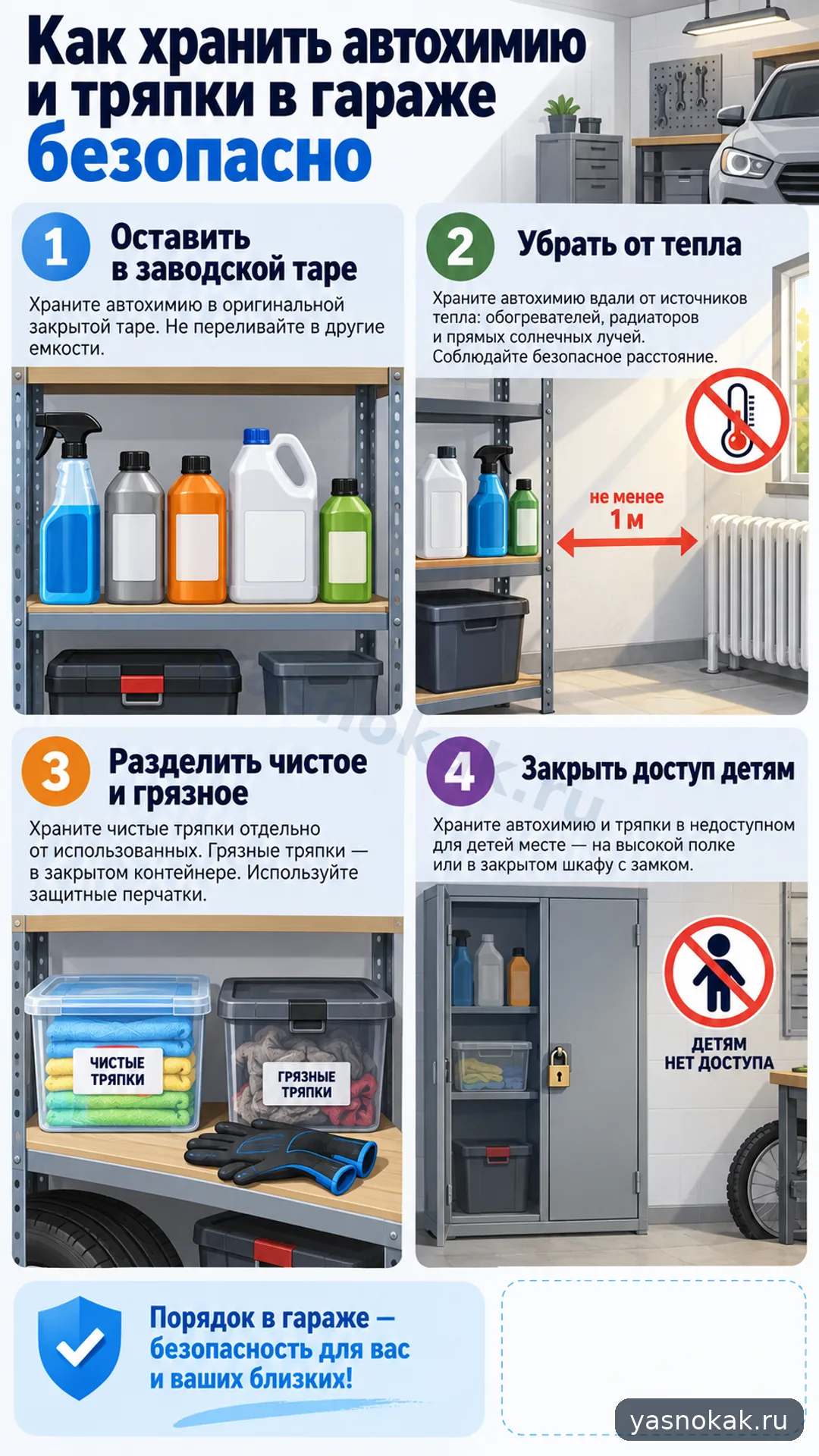 Схема: Как хранить автохимию и тряпки в гараже безопасно