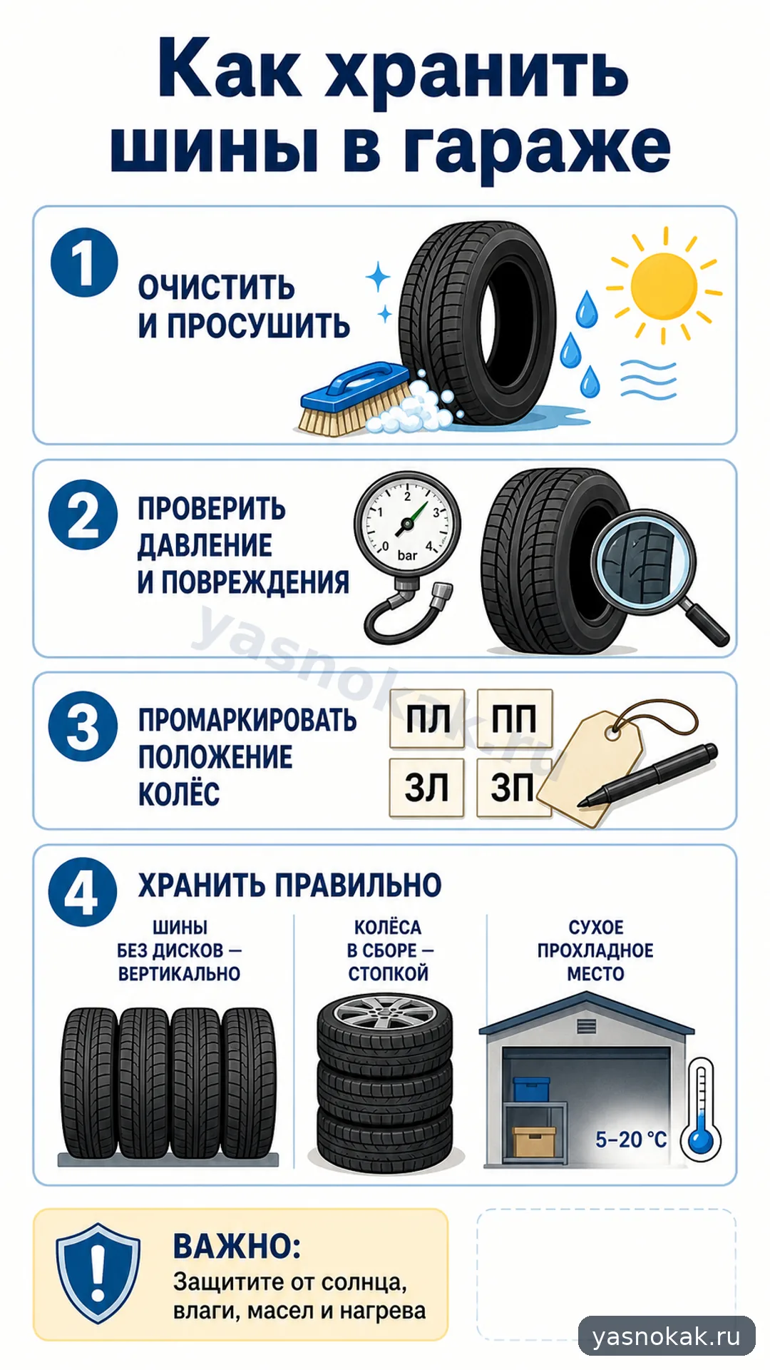 Схема: Как хранить шины в гараже без повреждений