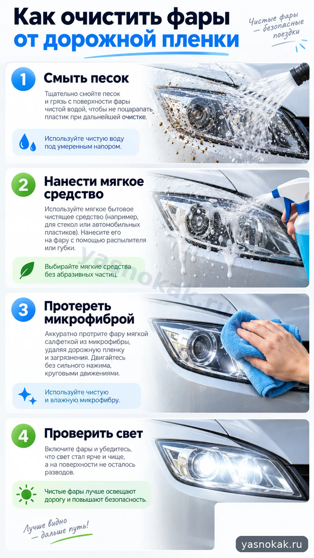 Схема: Как очистить фары автомобиля от дорожной пленки