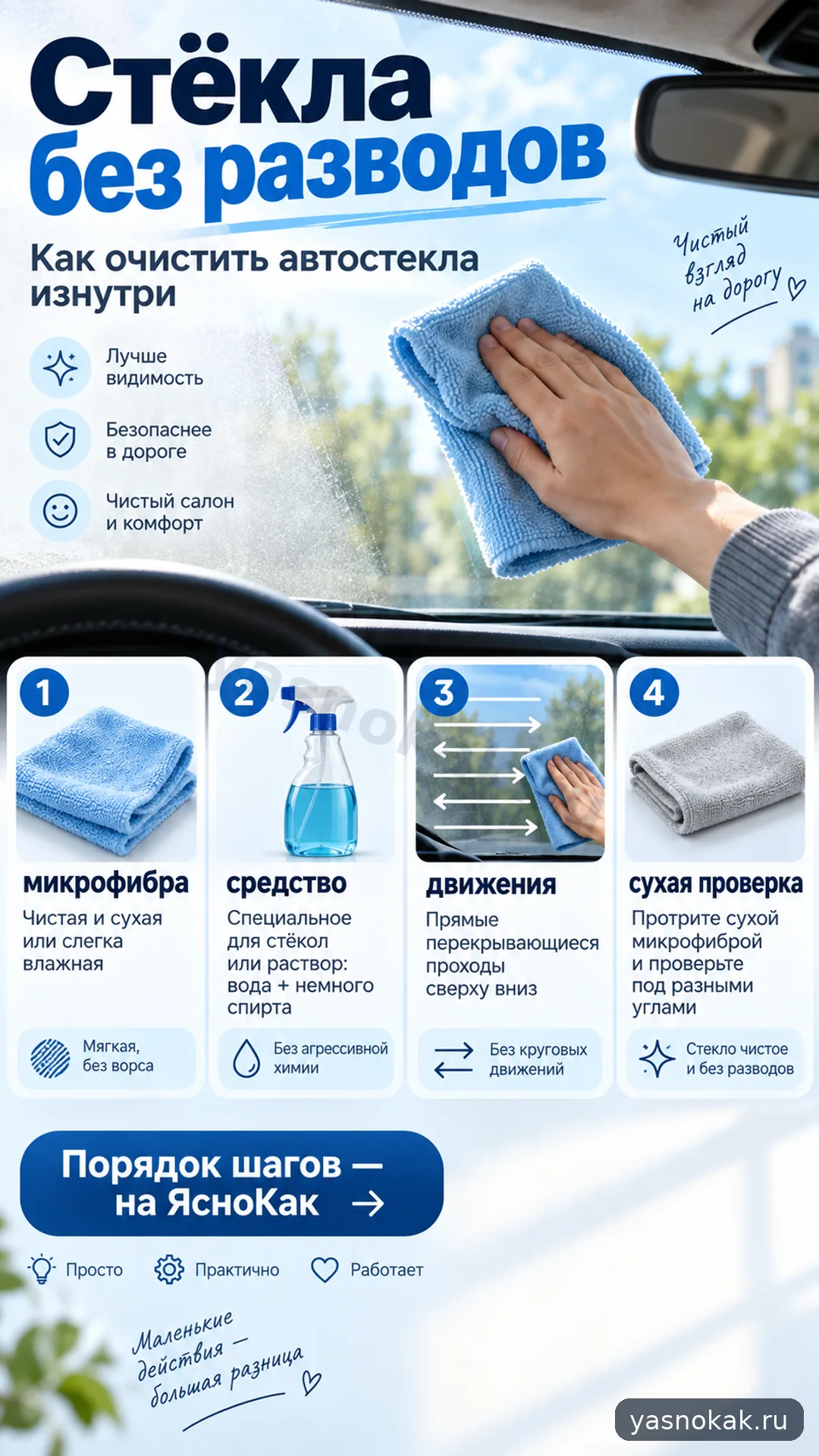 Схема: Как очистить стёкла автомобиля изнутри
