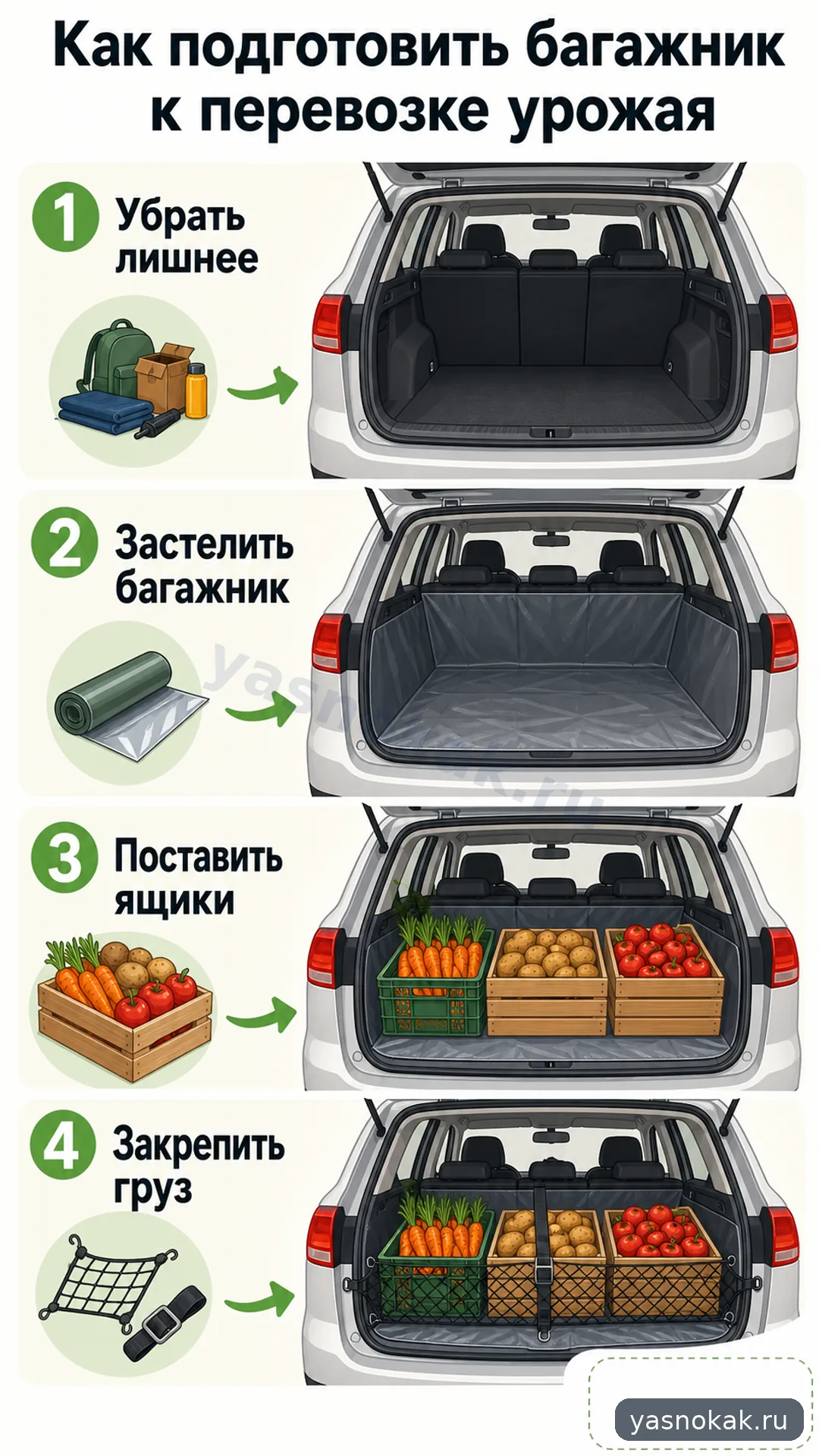 Схема: Как подготовить багажник к перевозке урожая