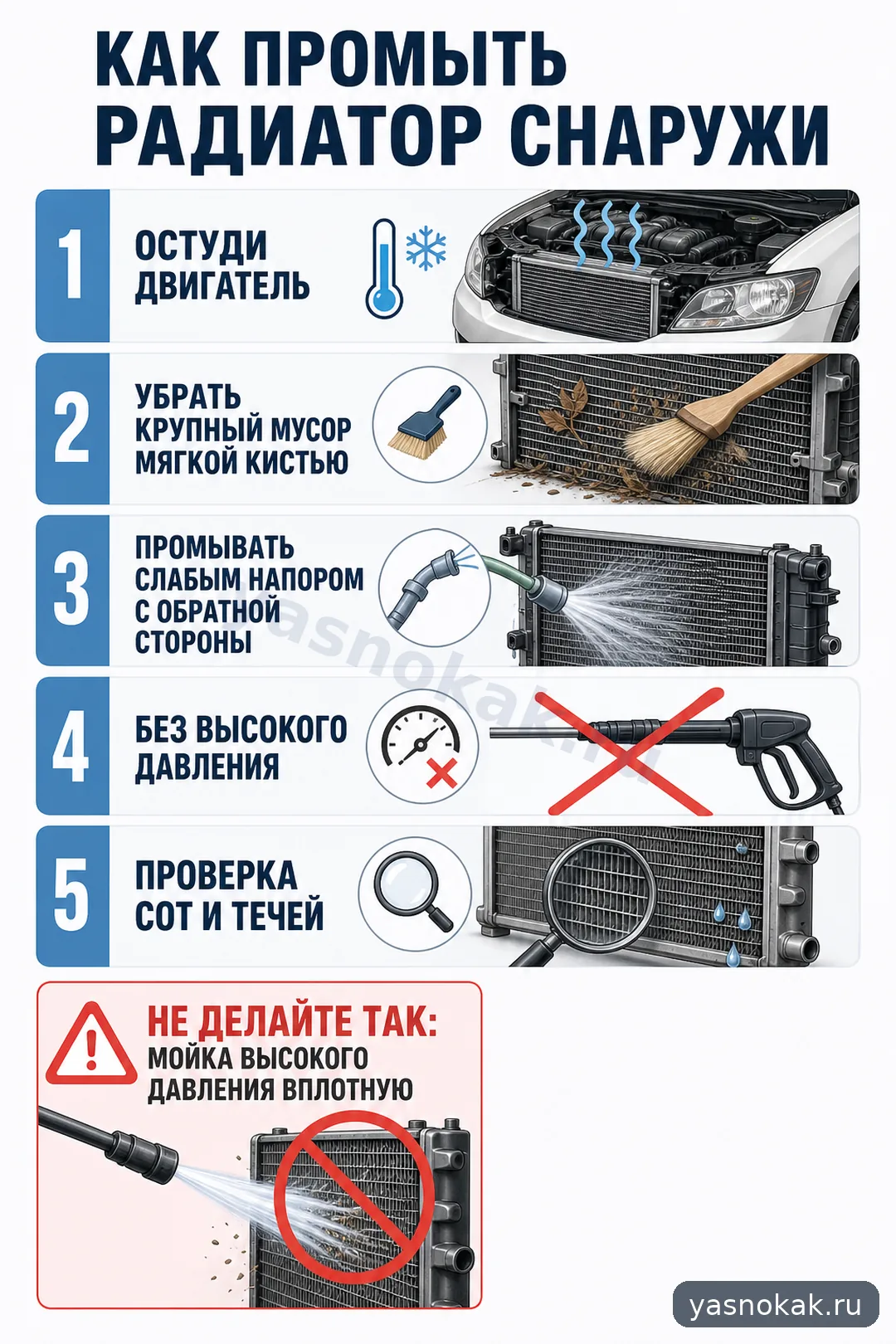 Схема: Как промыть радиатор снаружи и не замять соты