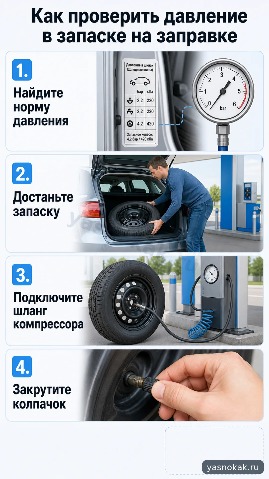 Схема: Как проверить давление в запаске на заправке