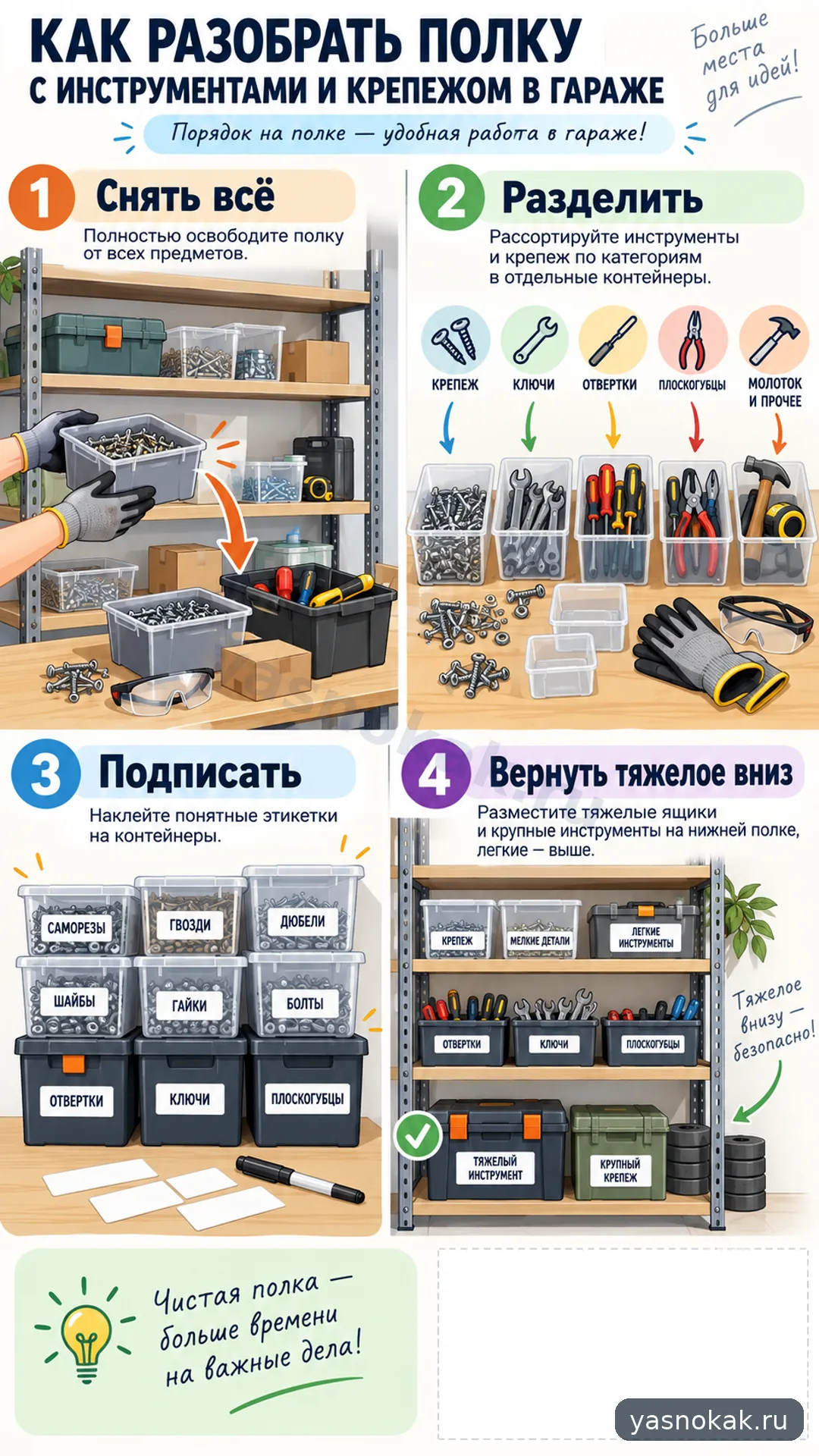 Схема: Как разобрать полку с инструментами и крепежом в гараже