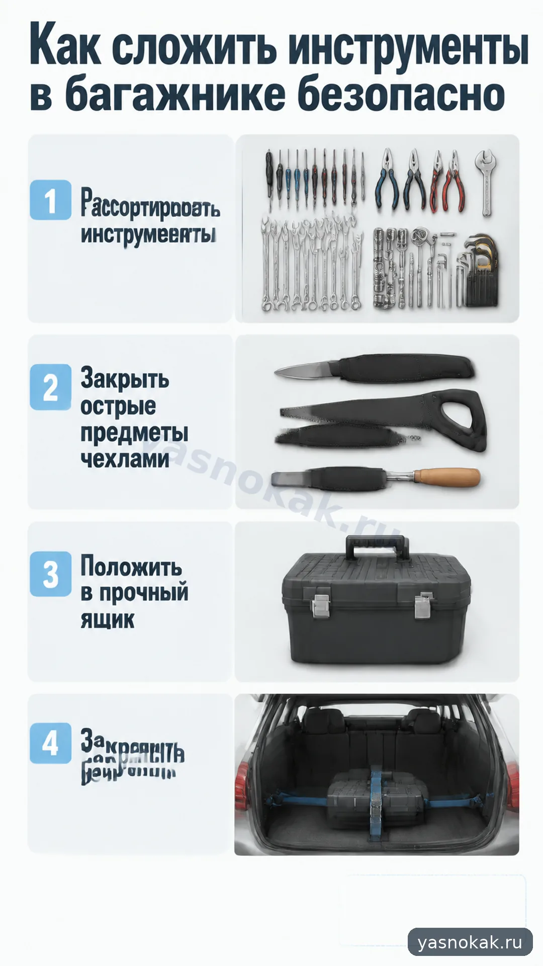 Схема: Как сложить инструменты в багажнике безопасно