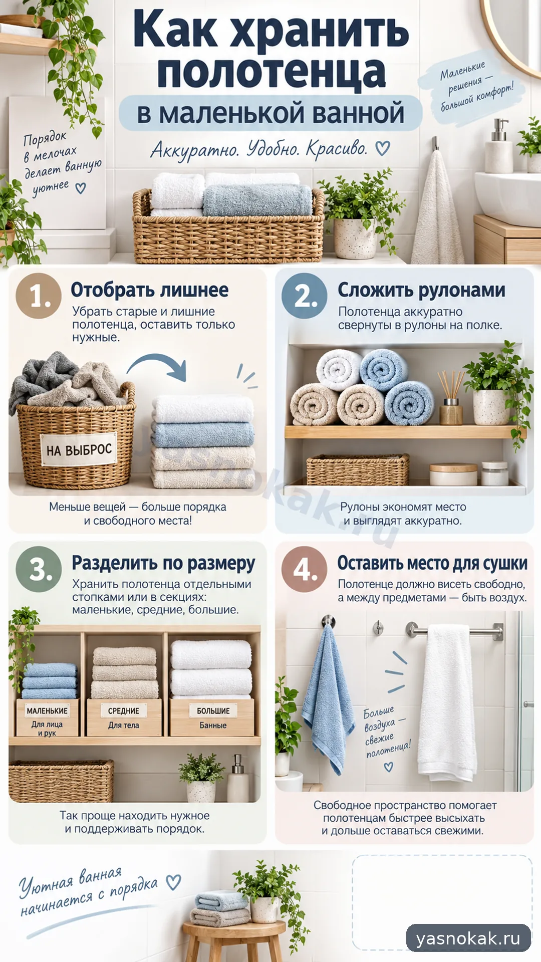 Схема: Как хранить полотенца в маленькой ванной аккуратно