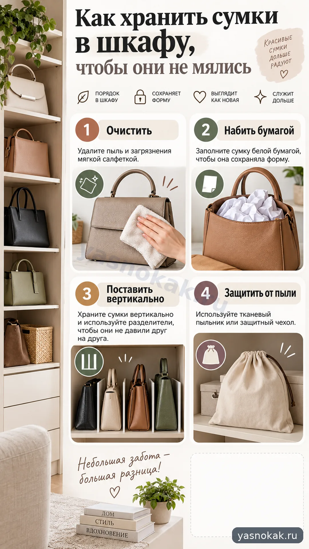 Схема: Как хранить сумки в шкафу, чтобы они не мялись