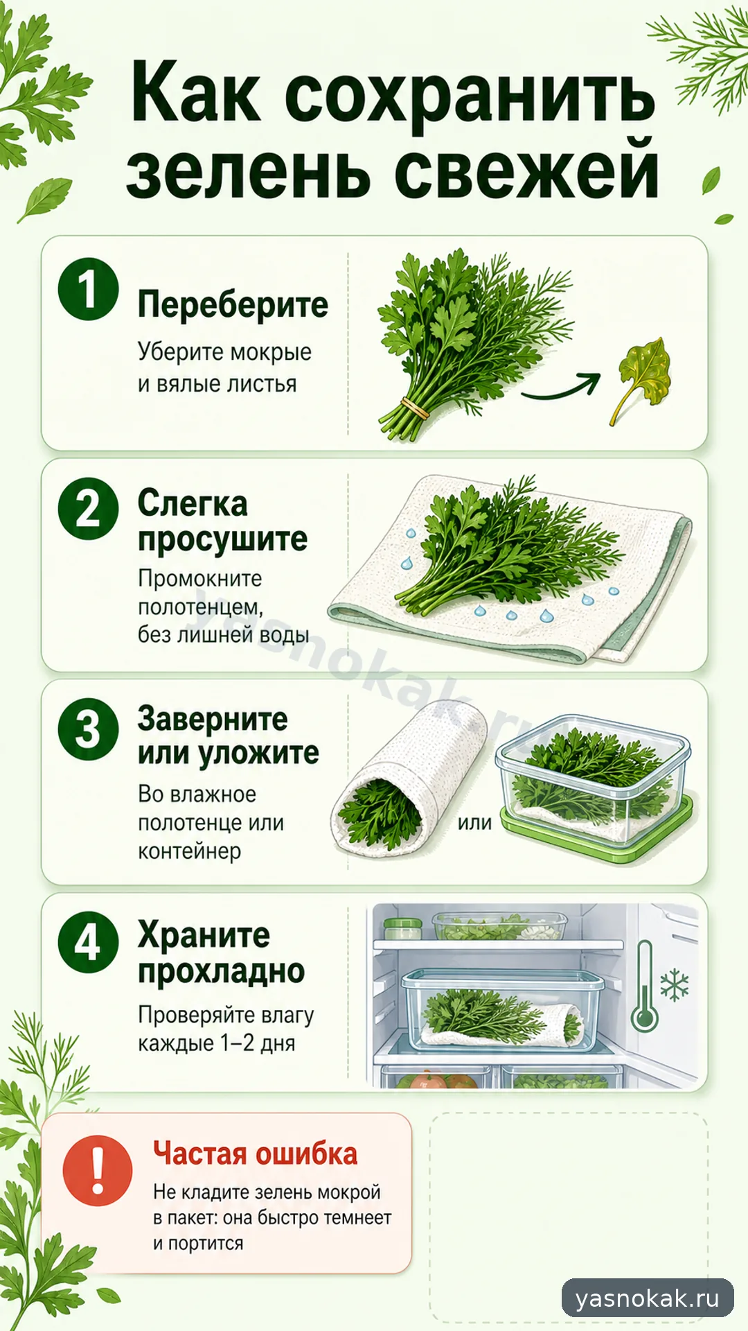 Схема: Как хранить зелень в холодильнике свежей