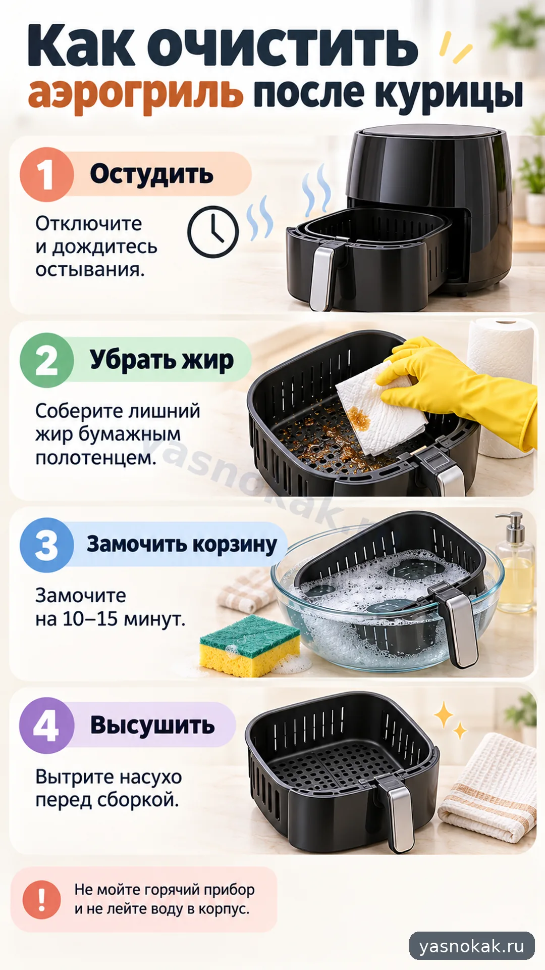 Схема: Как очистить аэрогриль после курицы