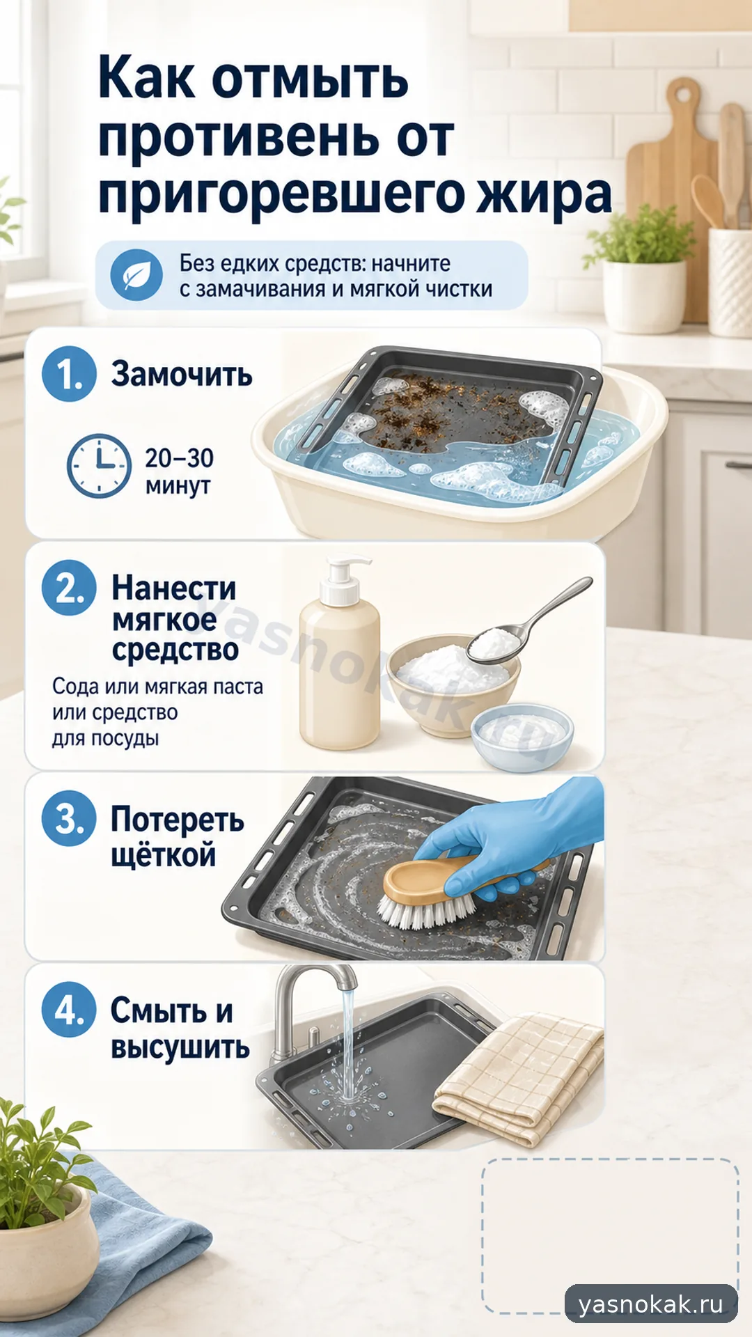 Схема: Как отмыть противень от пригоревшего жира