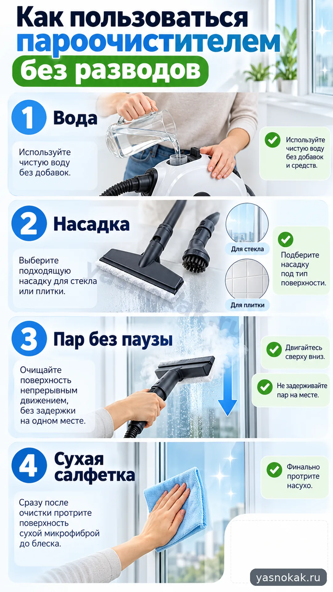 Схема: Как пользоваться пароочистителем без разводов