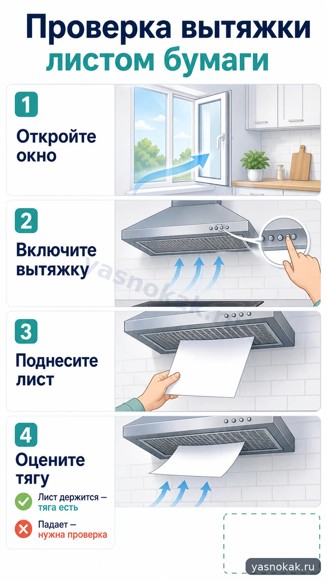 Схема: Как проверить вытяжку на кухне листом бумаги