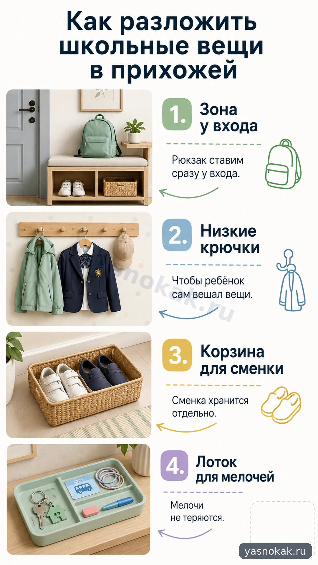Схема: Как разложить школьные вещи в прихожей