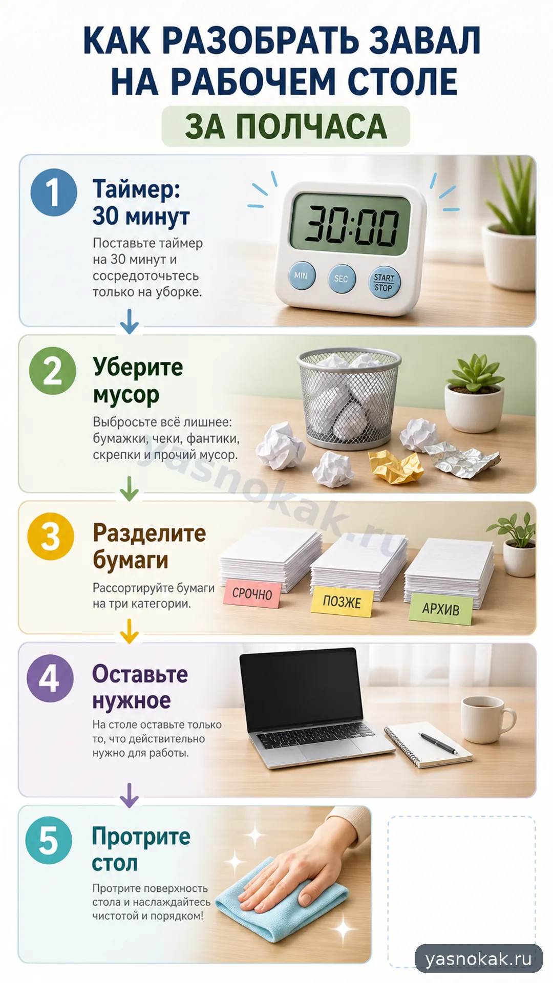 Схема: Как разобрать завал на рабочем столе за полчаса