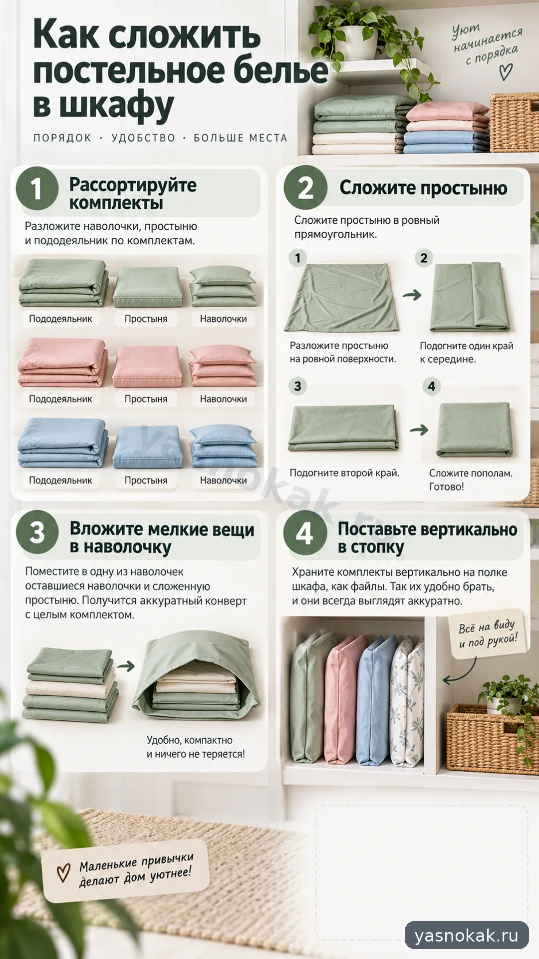 Схема: Как сложить постельное белье в шкафу