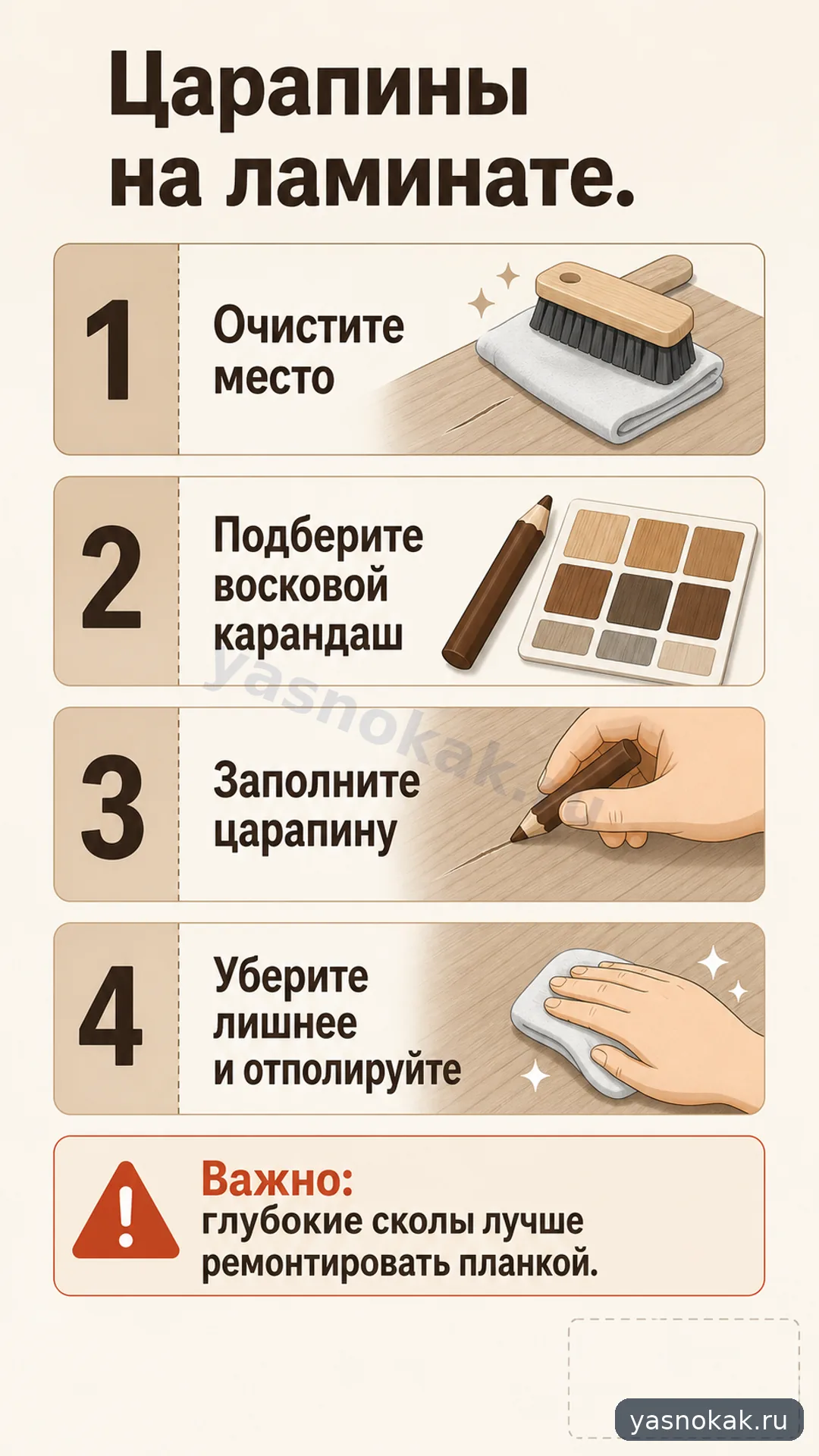 Схема: Как убрать царапины на ламинате