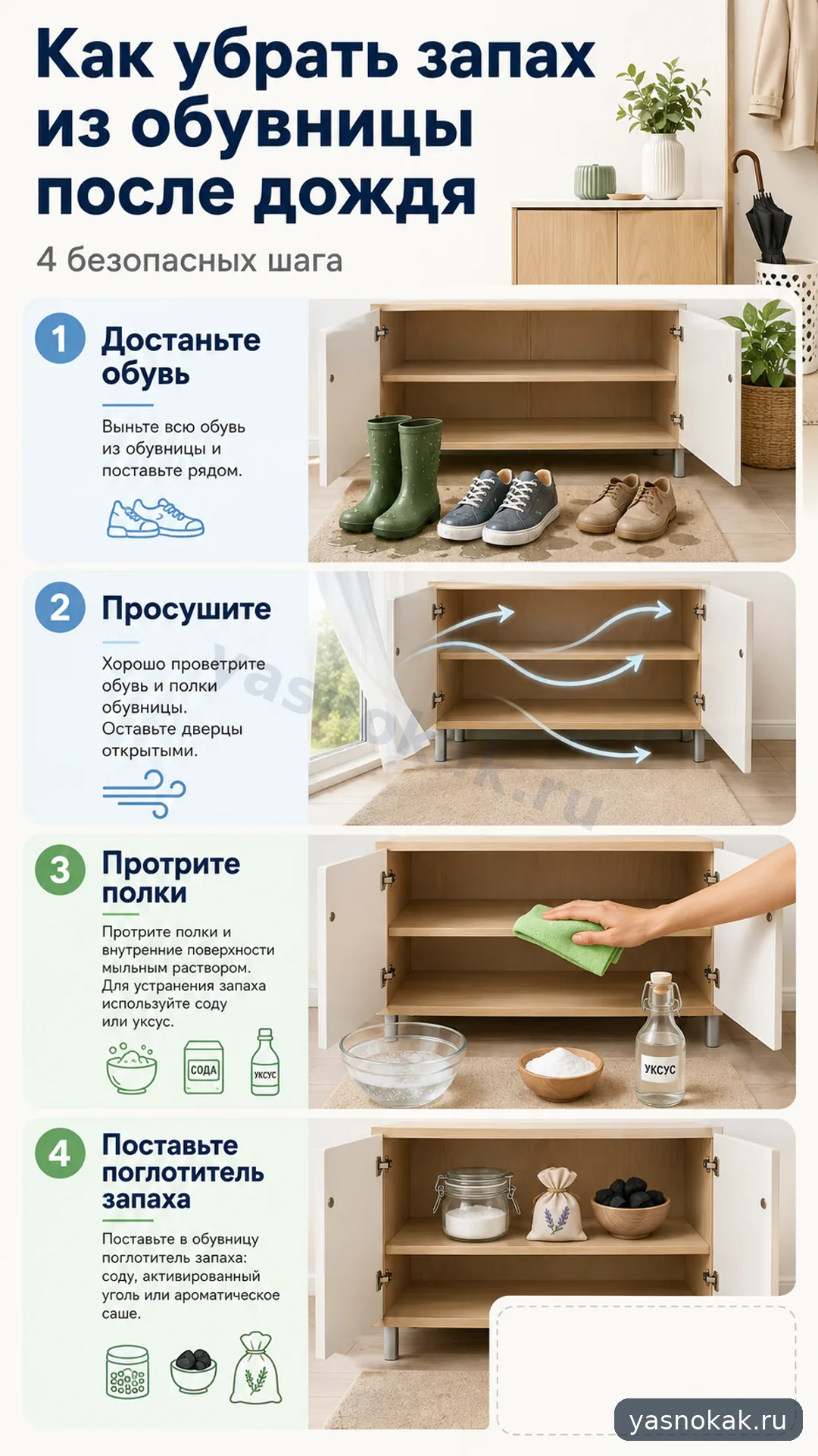 Схема: Как убрать запах из обувницы после дождя