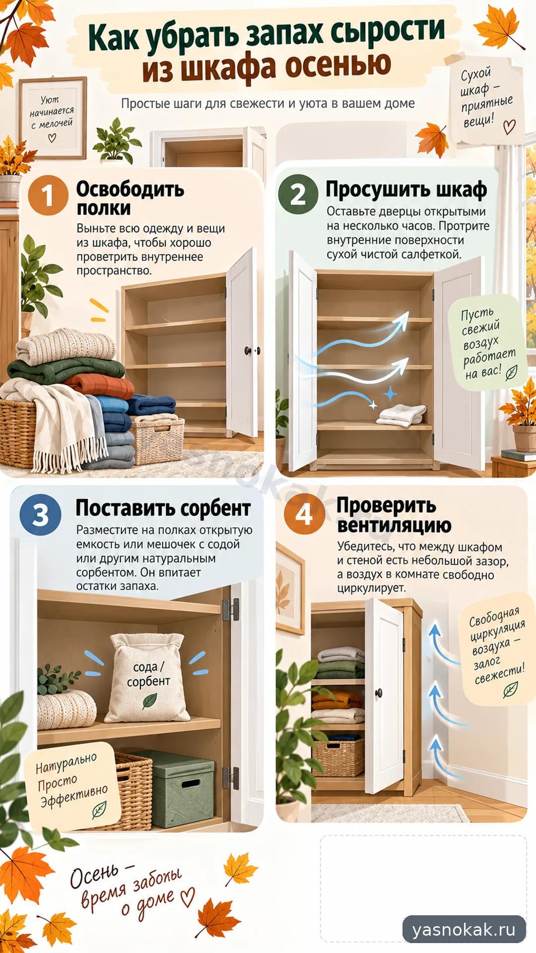 Схема: Как убрать запах сырости из шкафа осенью