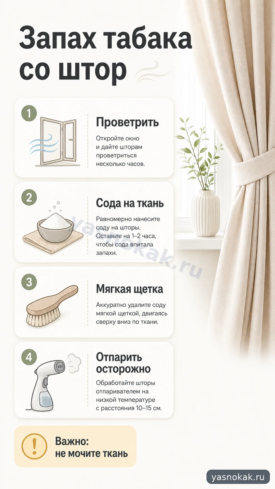 Схема: Как убрать запах табака с штор без стирки