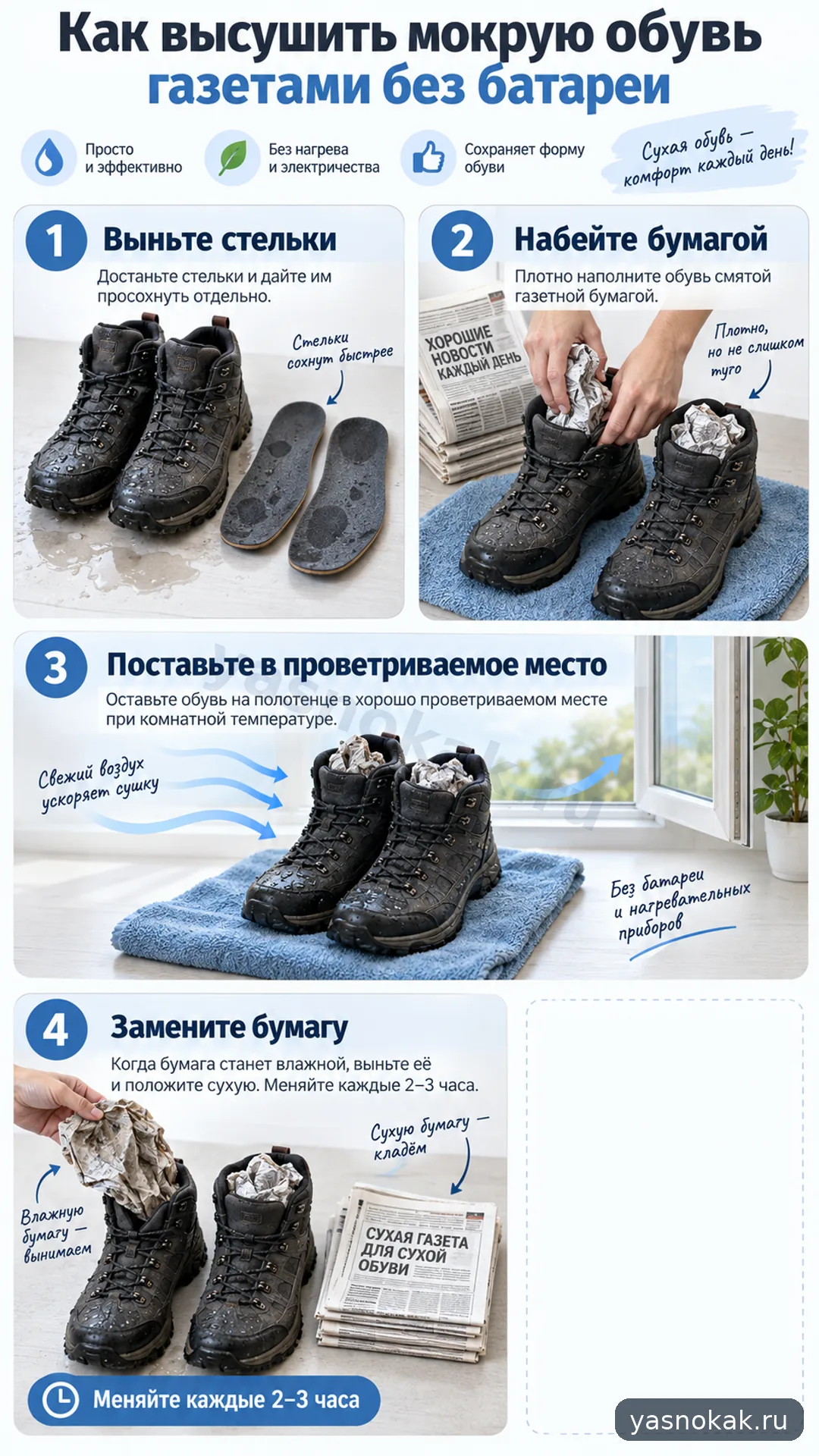 Схема: Как высушить мокрую обувь газетами без батареи