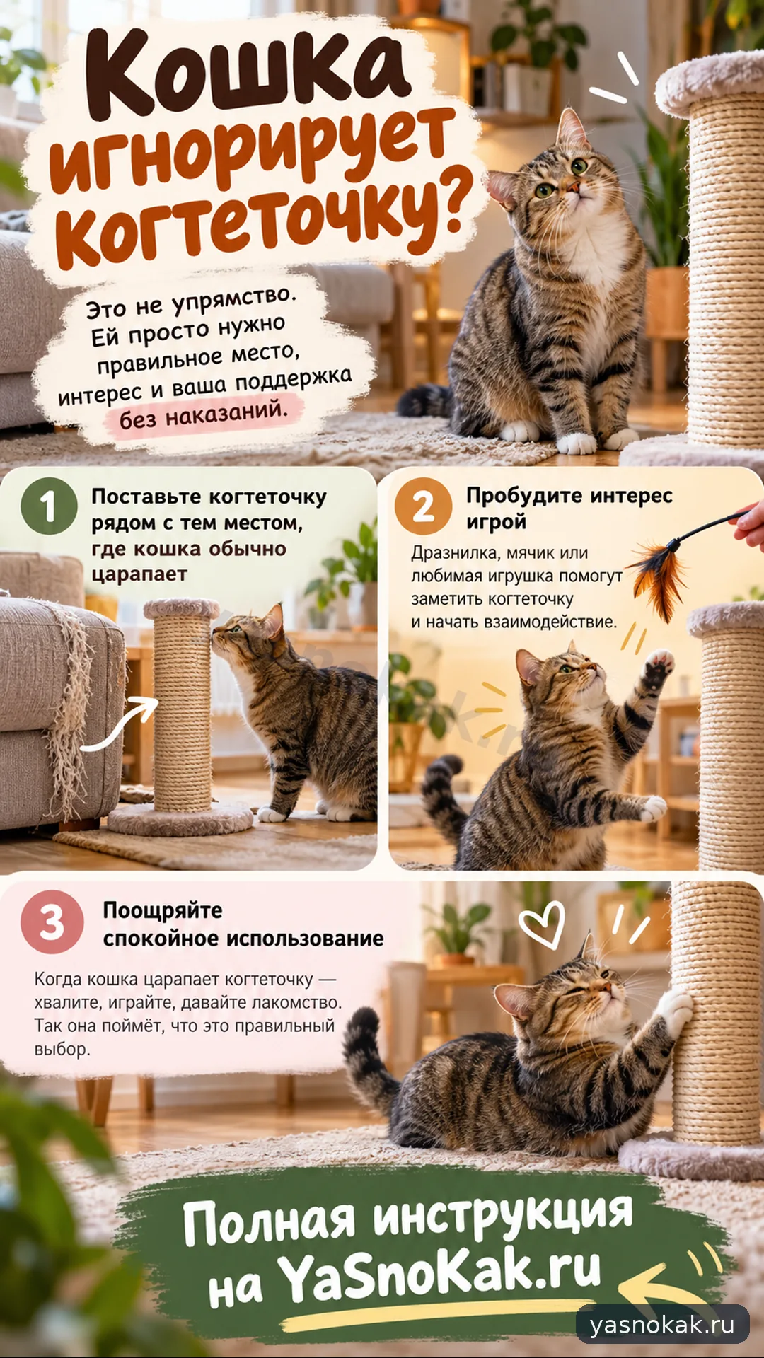 Схема: Как приучить кошку к новой когтеточке без наказания