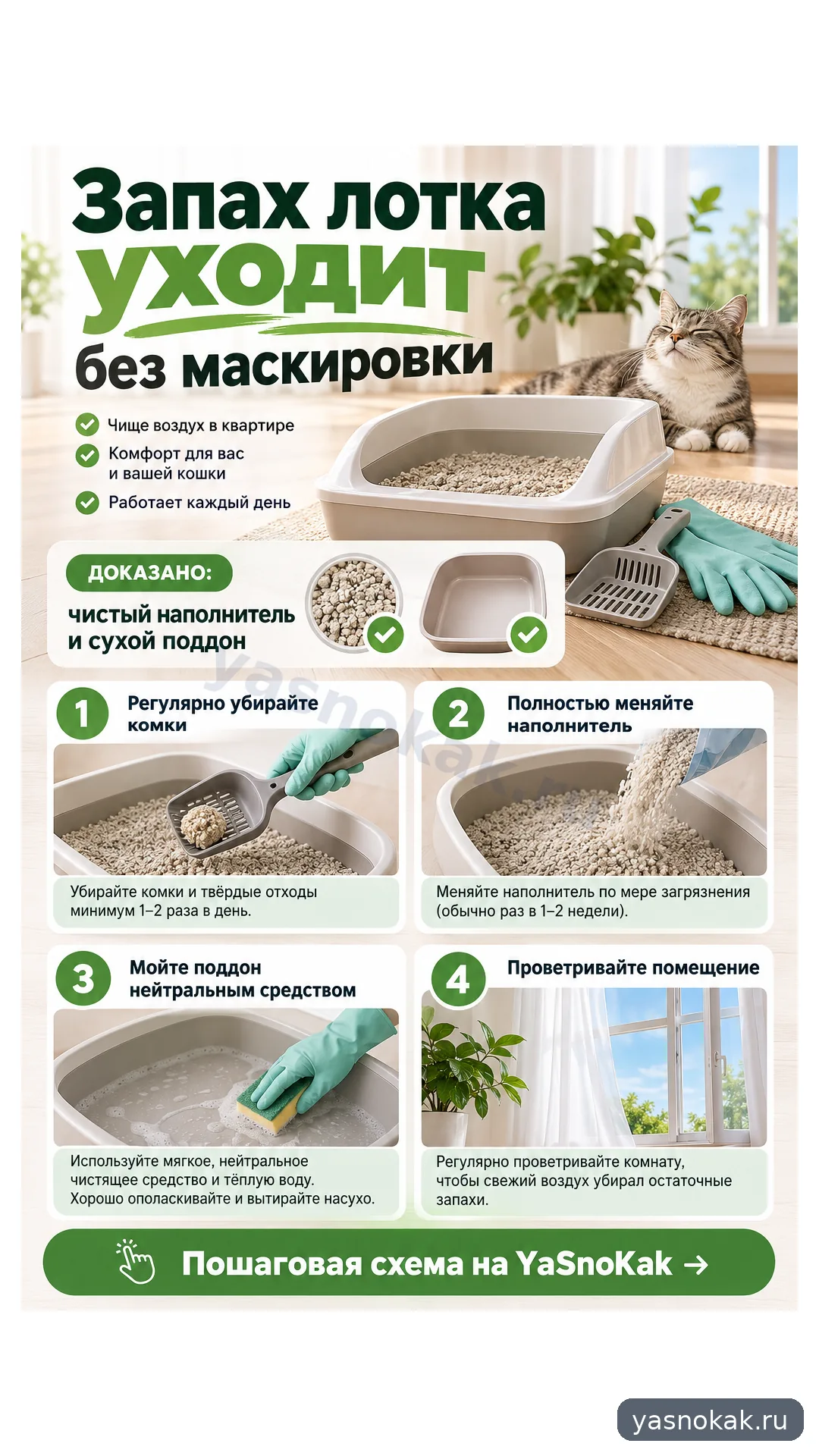 Схема: Как убрать запах из лотка кошки в квартире