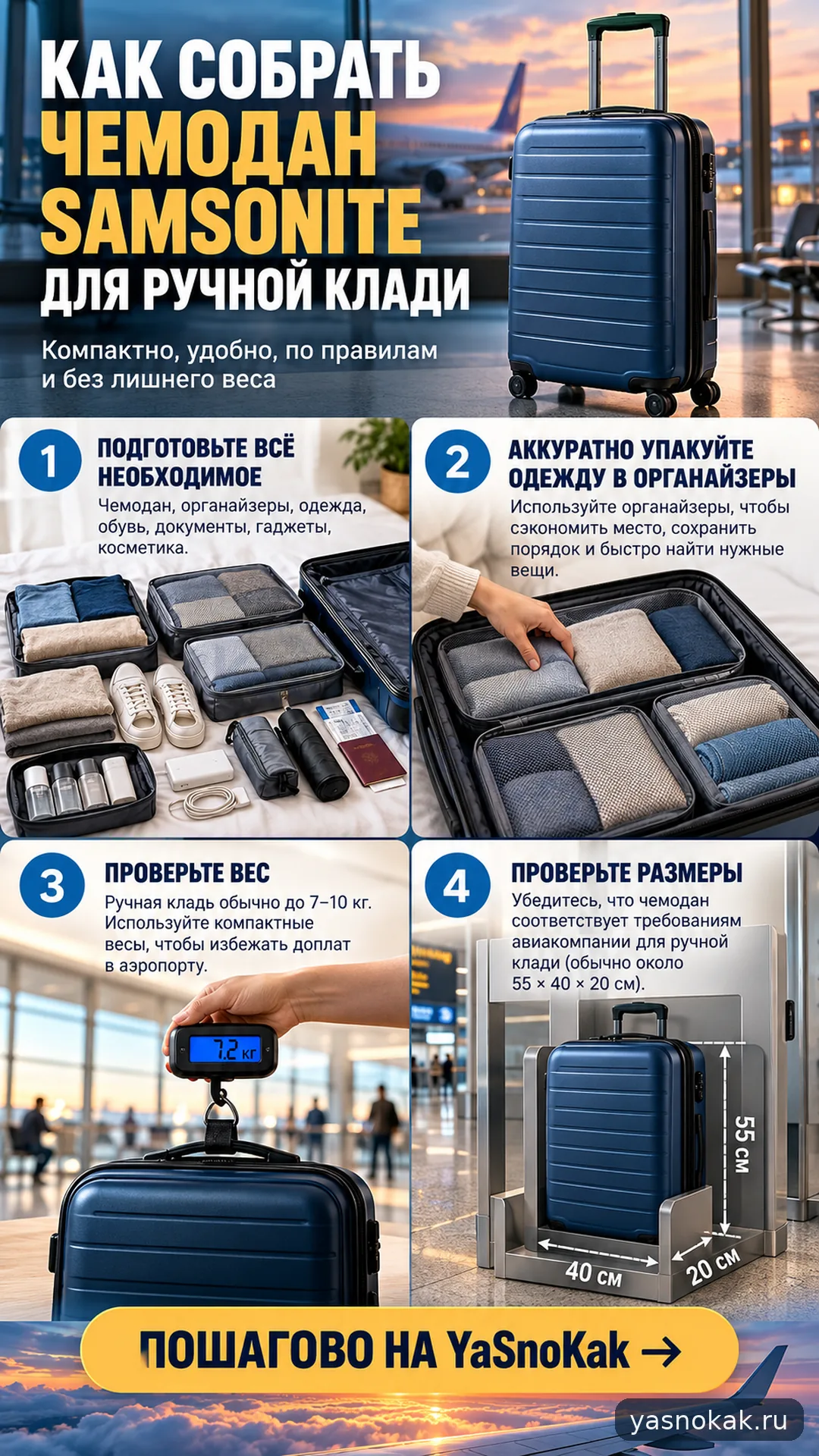 Схема: Как собрать чемодан Samsonite для ручной клади