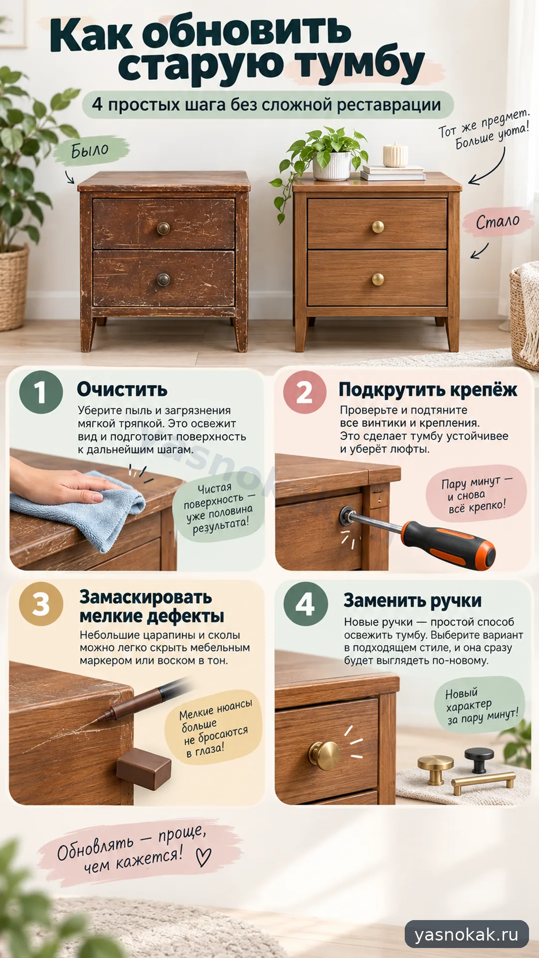 Схема: Как обновить старую тумбу без сложной реставрации