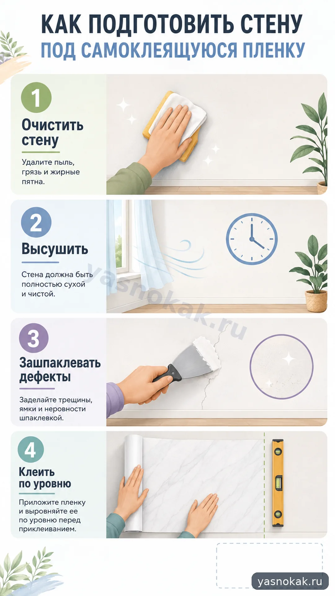 Схема: Как подготовить стену под самоклеящуюся пленку