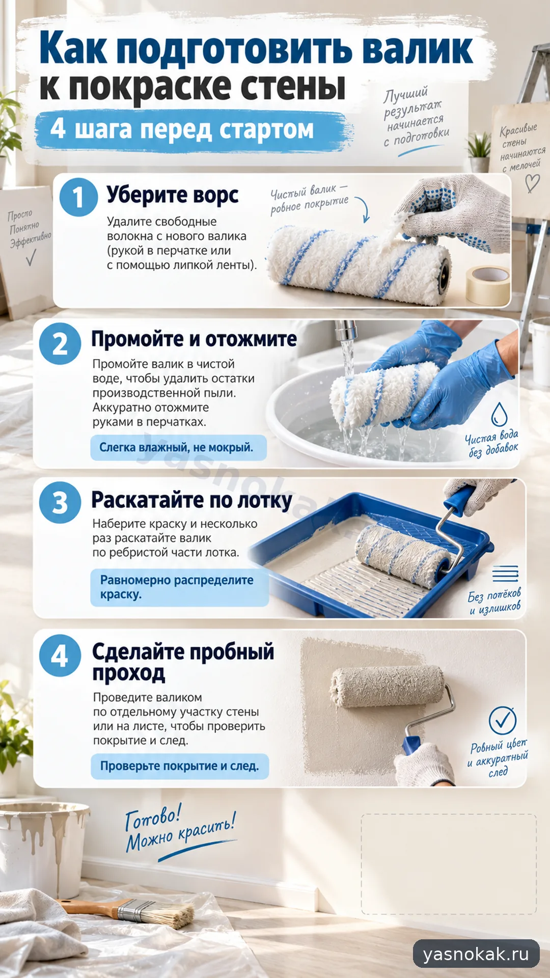 Схема: Как подготовить валик к покраске стены
