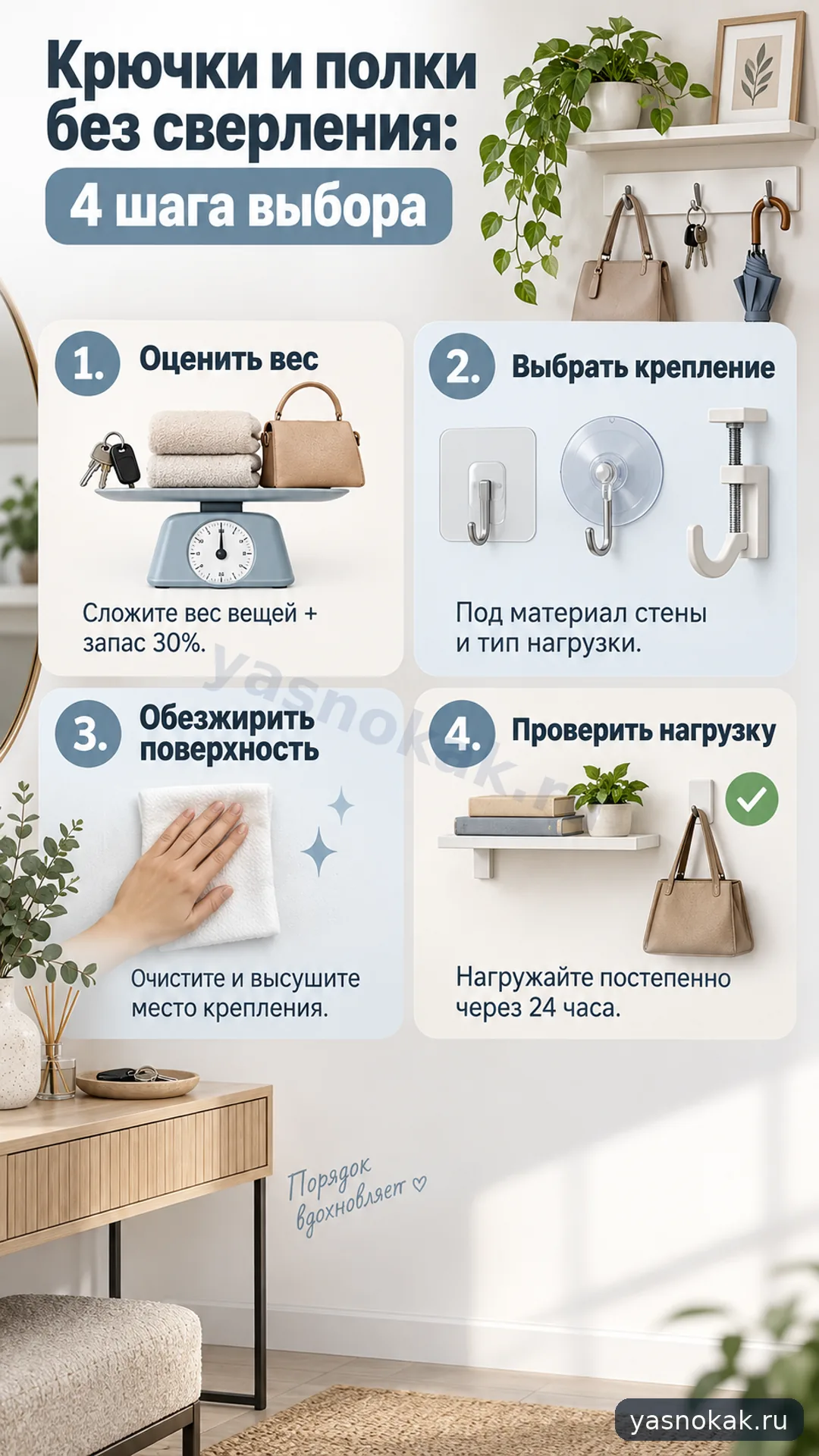 Схема: Как подобрать крючки и полки без сверления стен