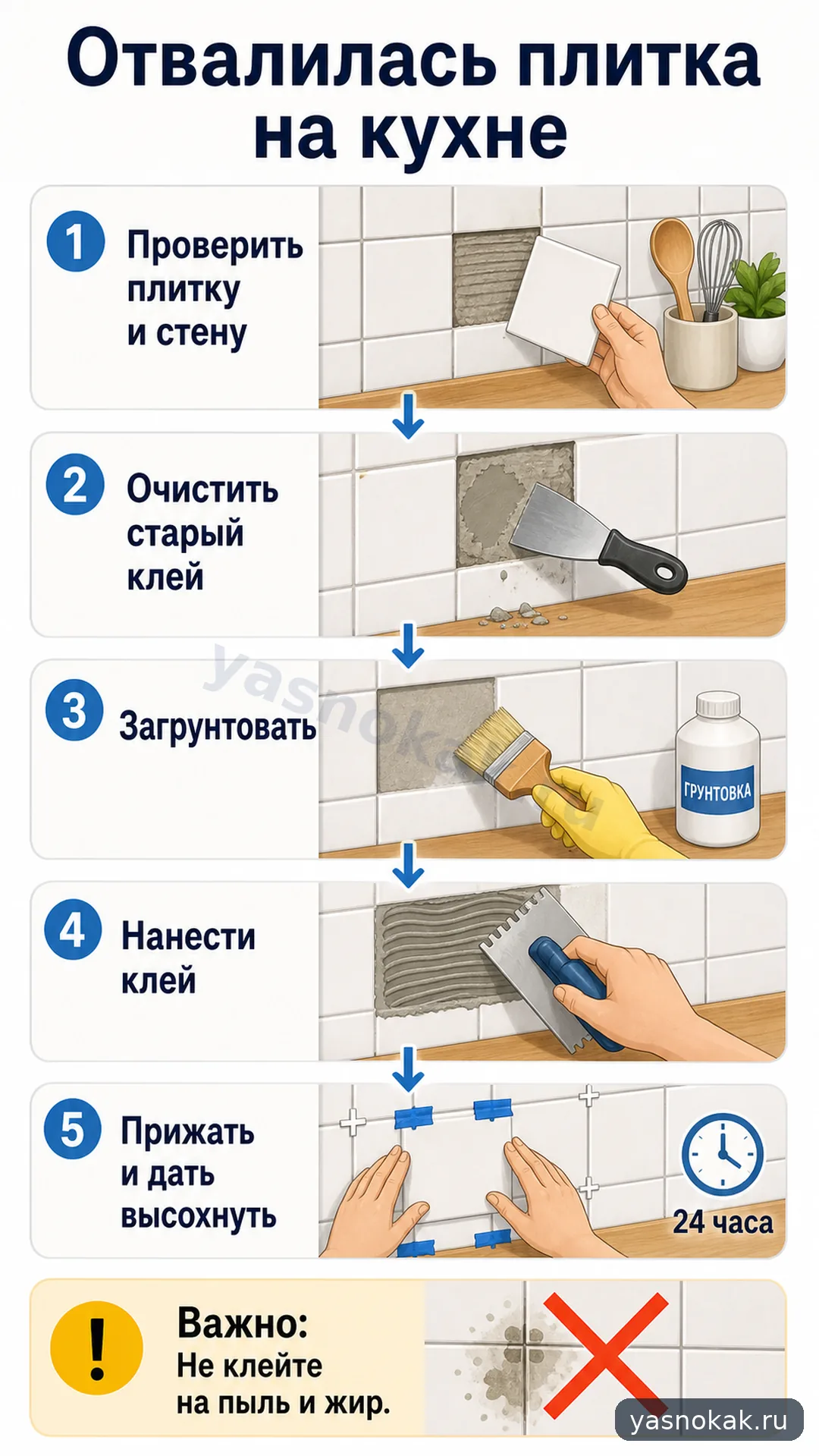 Схема: Как приклеить отвалившуюся плитку на стену в кухне