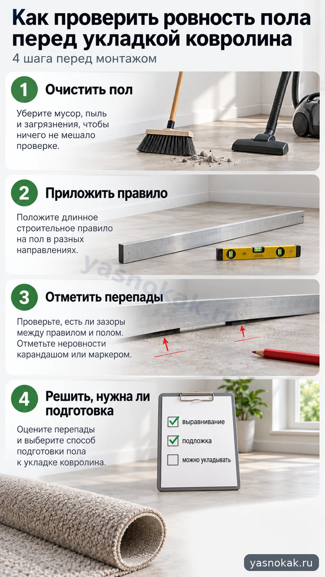 Схема: Как проверить ровность пола перед укладкой ковролина