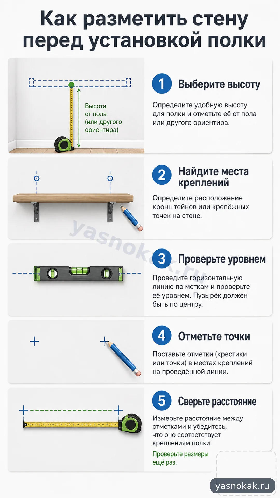 Схема: Как разметить стену перед установкой полки