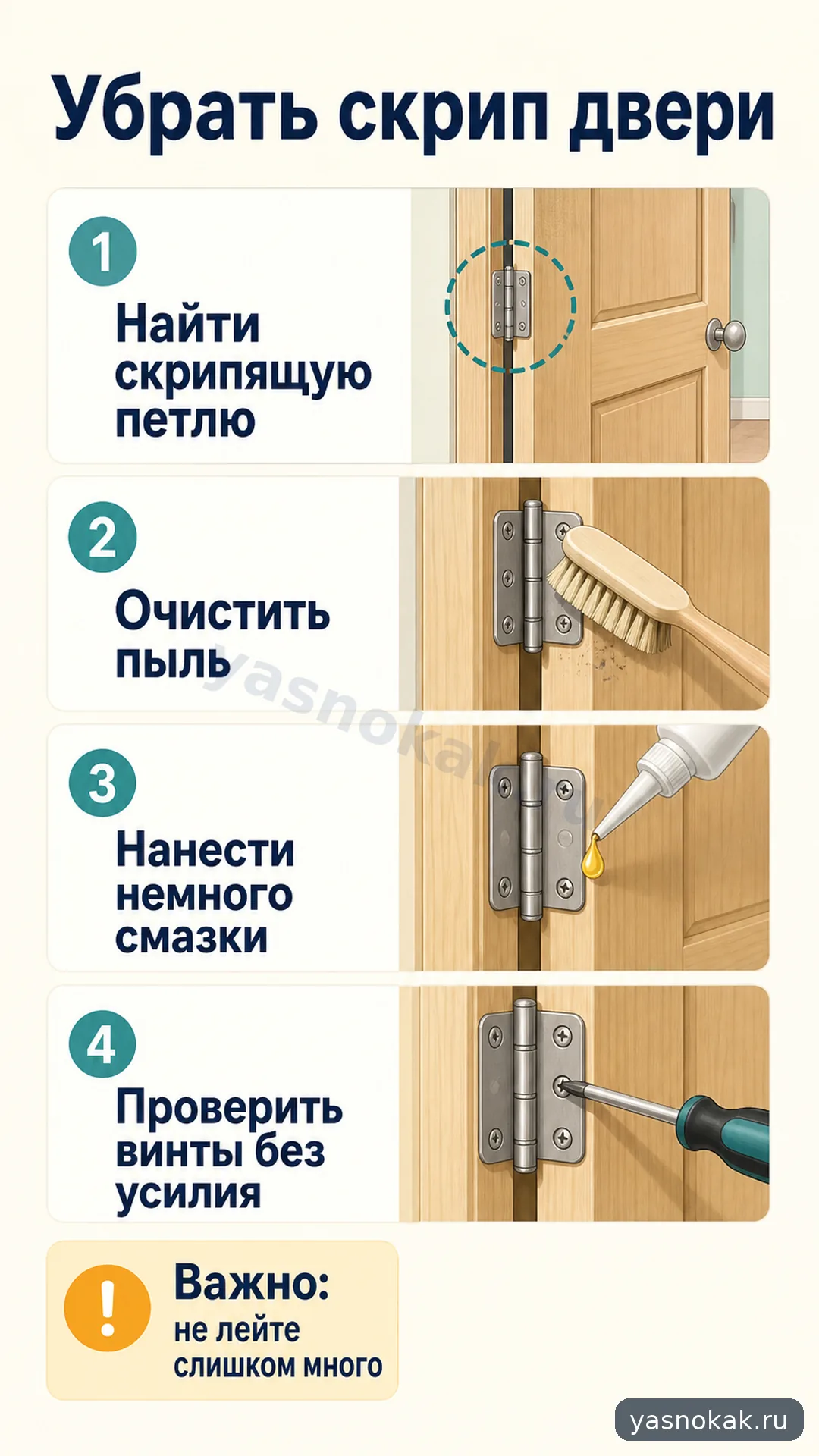 Схема: Как устранить скрип двери без замены петель