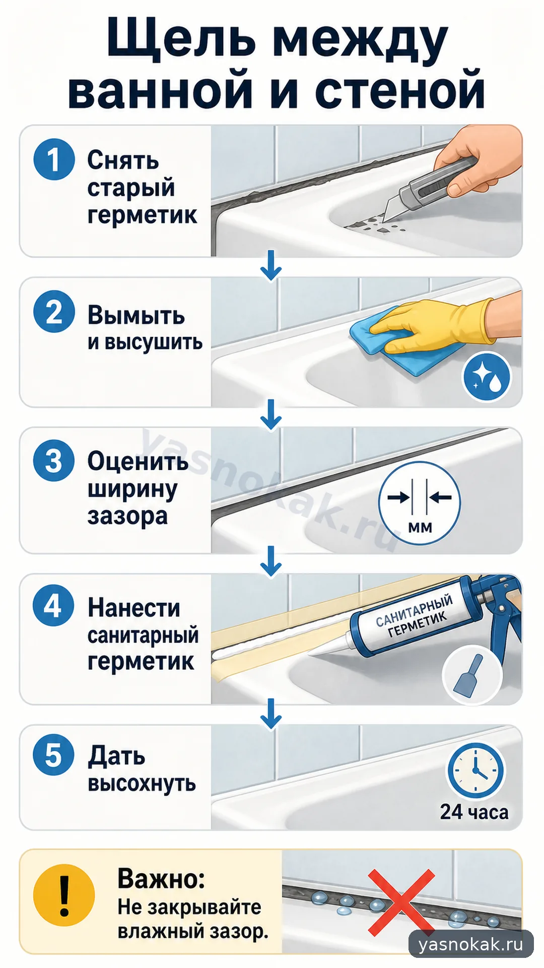 Схема: Как заделать щель между ванной и стеной