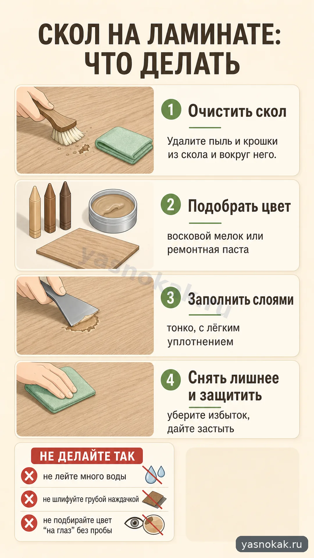 Схема: Как заделать скол на ламинате