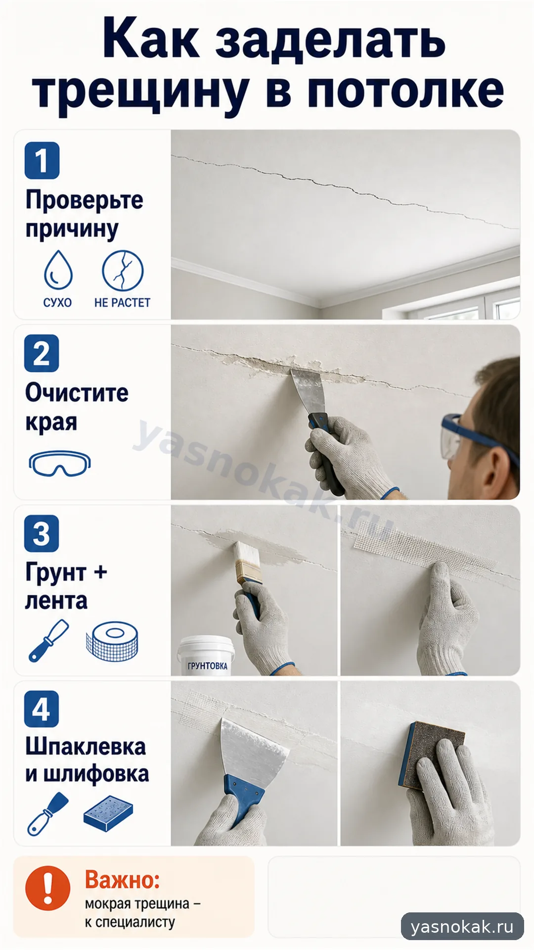 Схема: Как заделать трещину в потолке