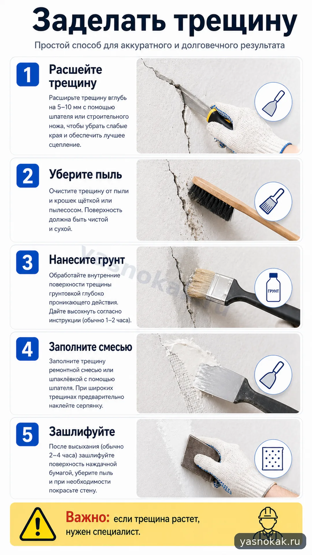 Схема: Как заделать трещину в стене