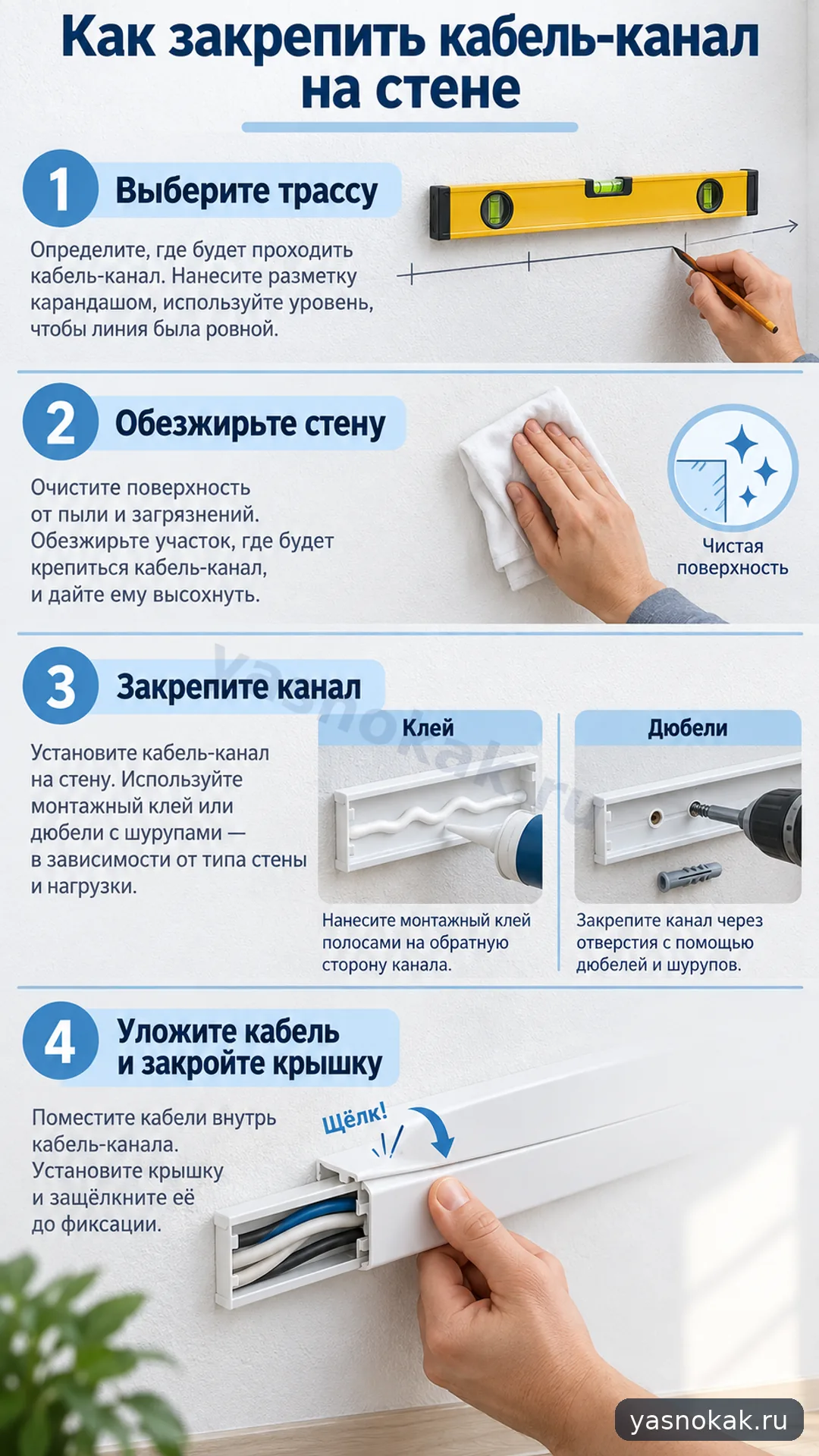 Схема: Как закрепить кабель-канал на стене