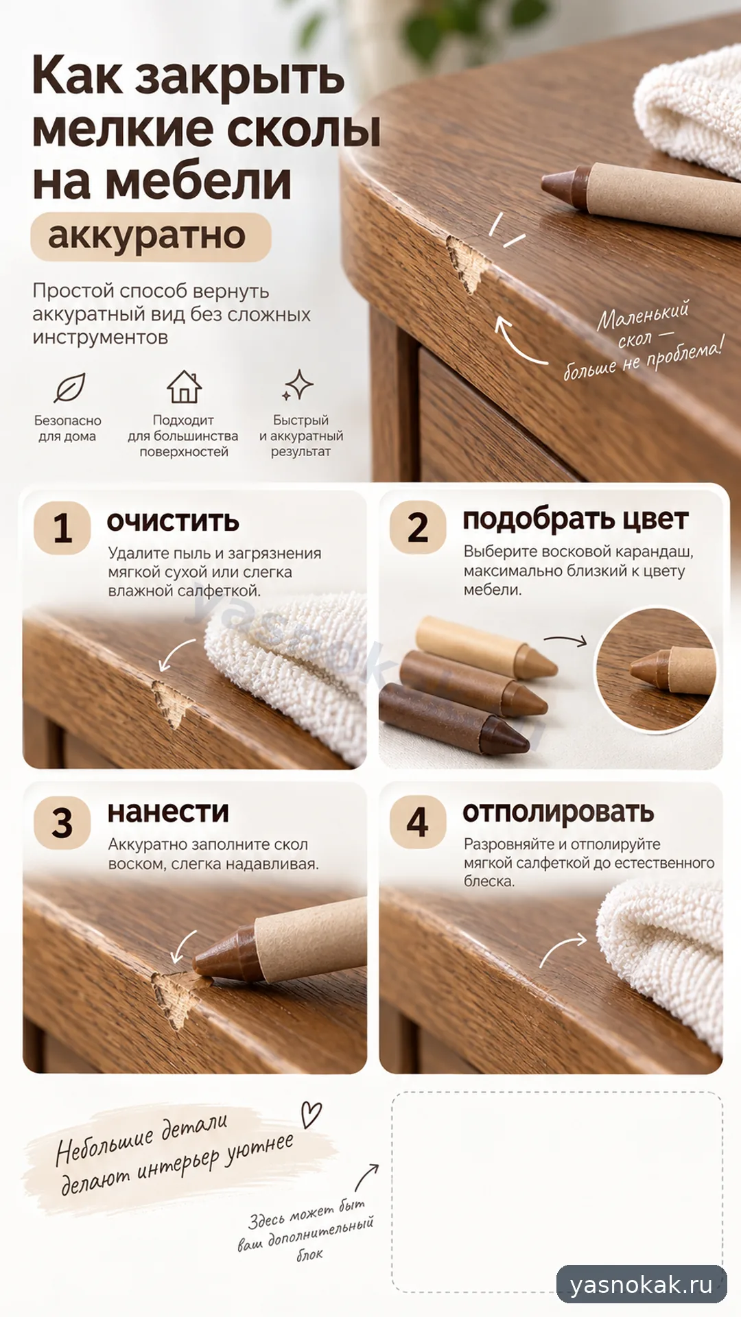 Схема: Как закрыть мелкие сколы на мебели аккуратно