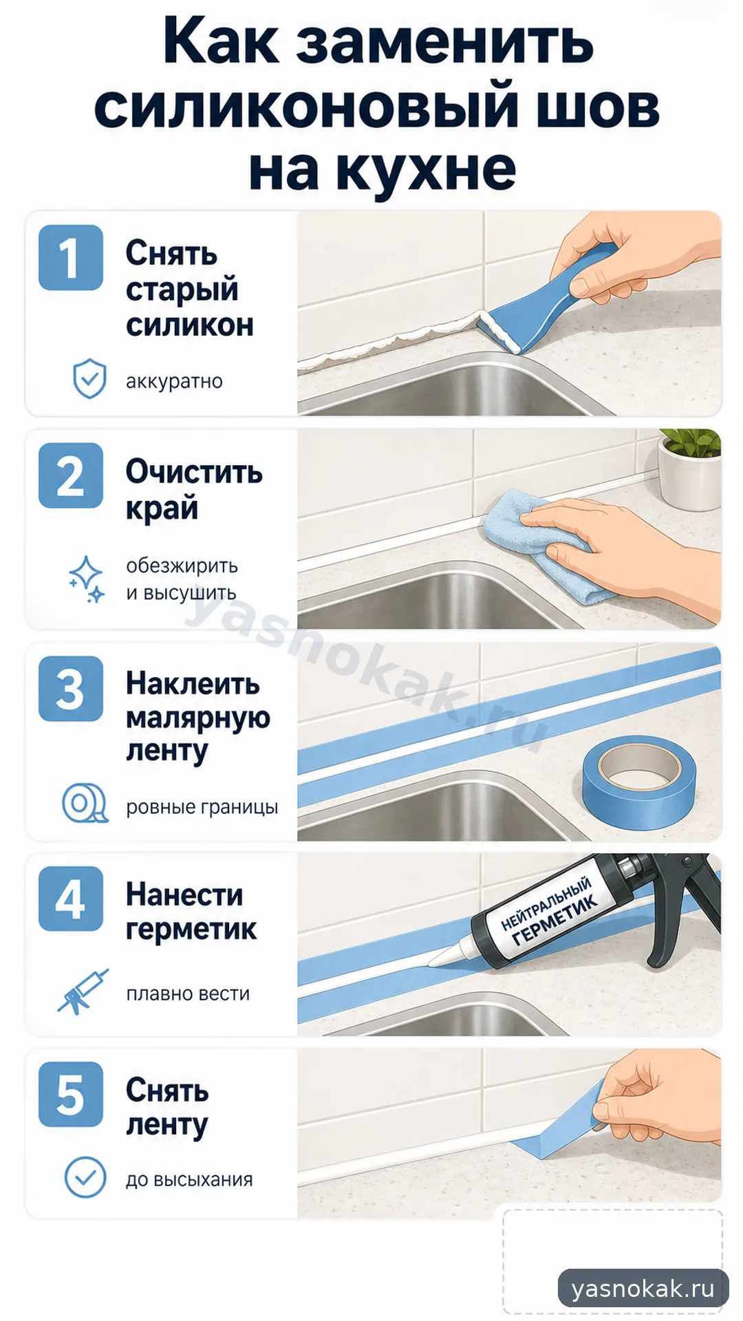 Схема: Как заменить силиконовый шов на кухне