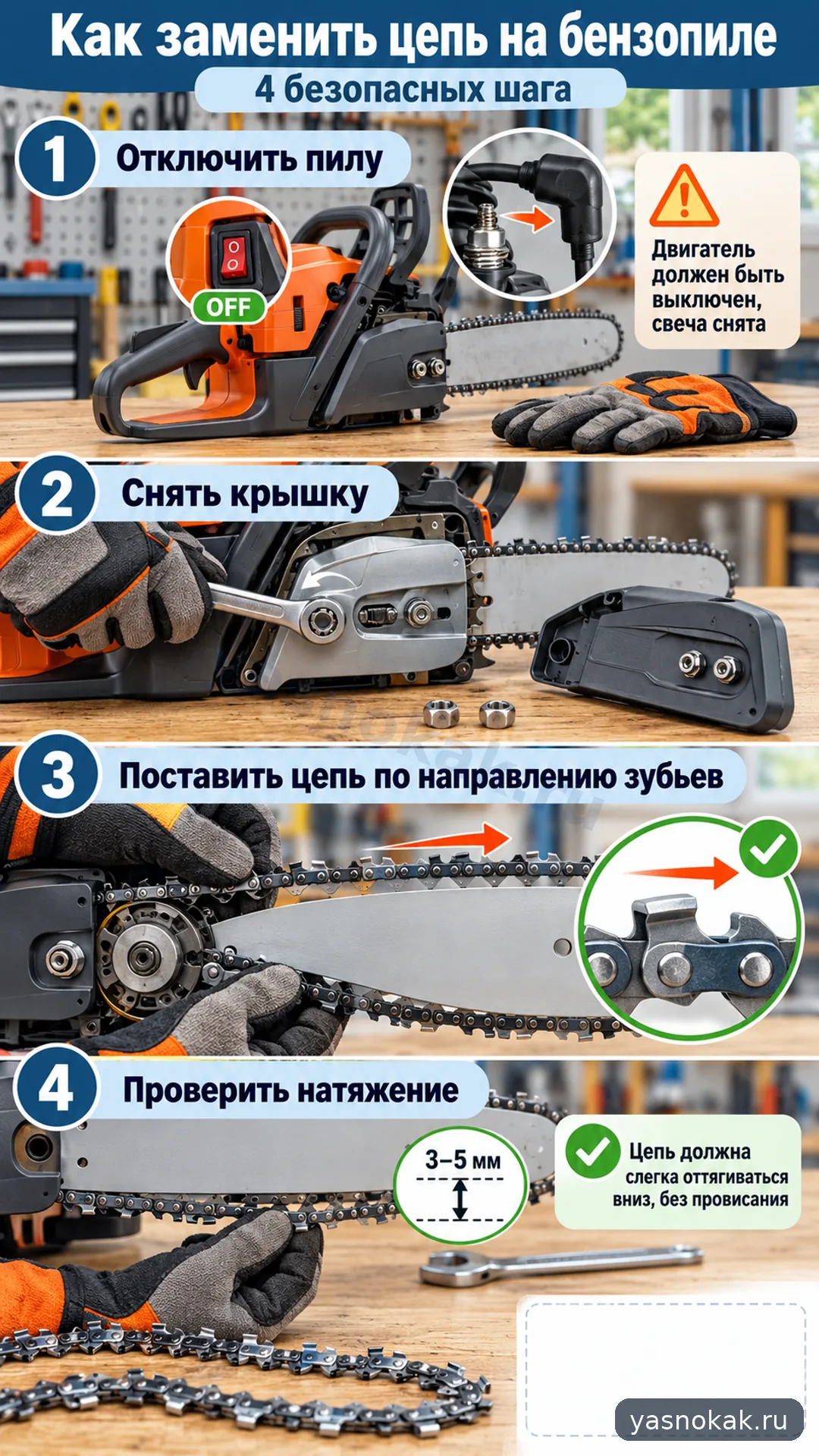 Схема: Как заменить цепь на бензопиле Husqvarna