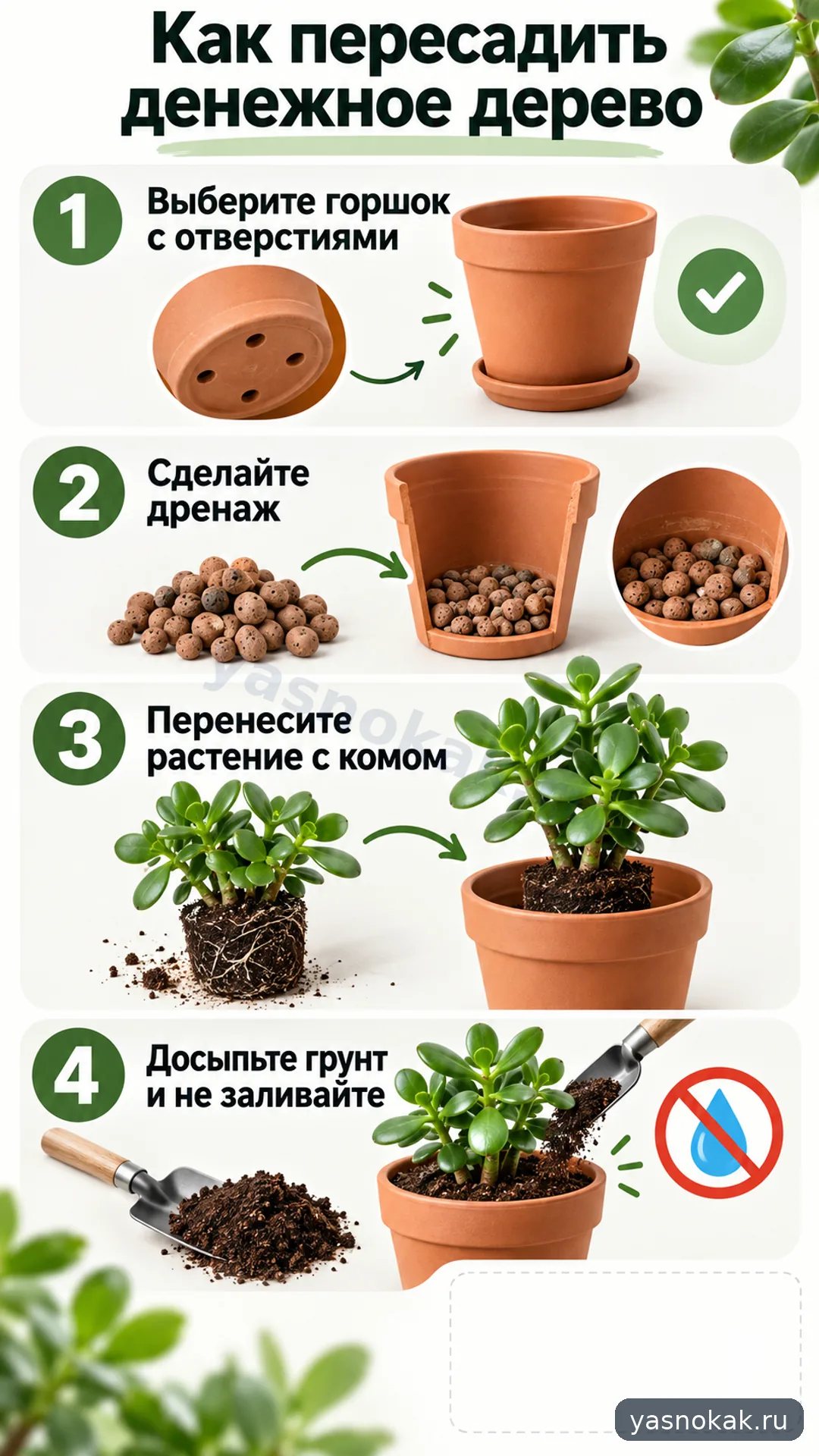 Схема: Как пересадить денежное дерево в другой горшок