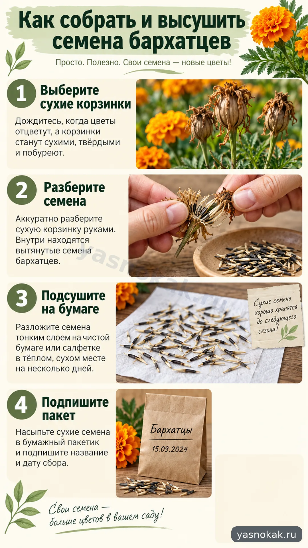 Схема: Как собрать и высушить семена бархатцев
