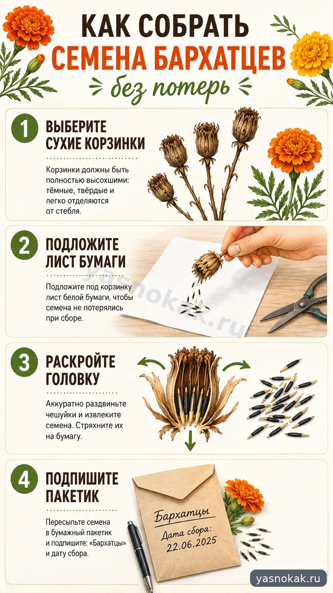 Схема: Как собрать семена бархатцев без потерь