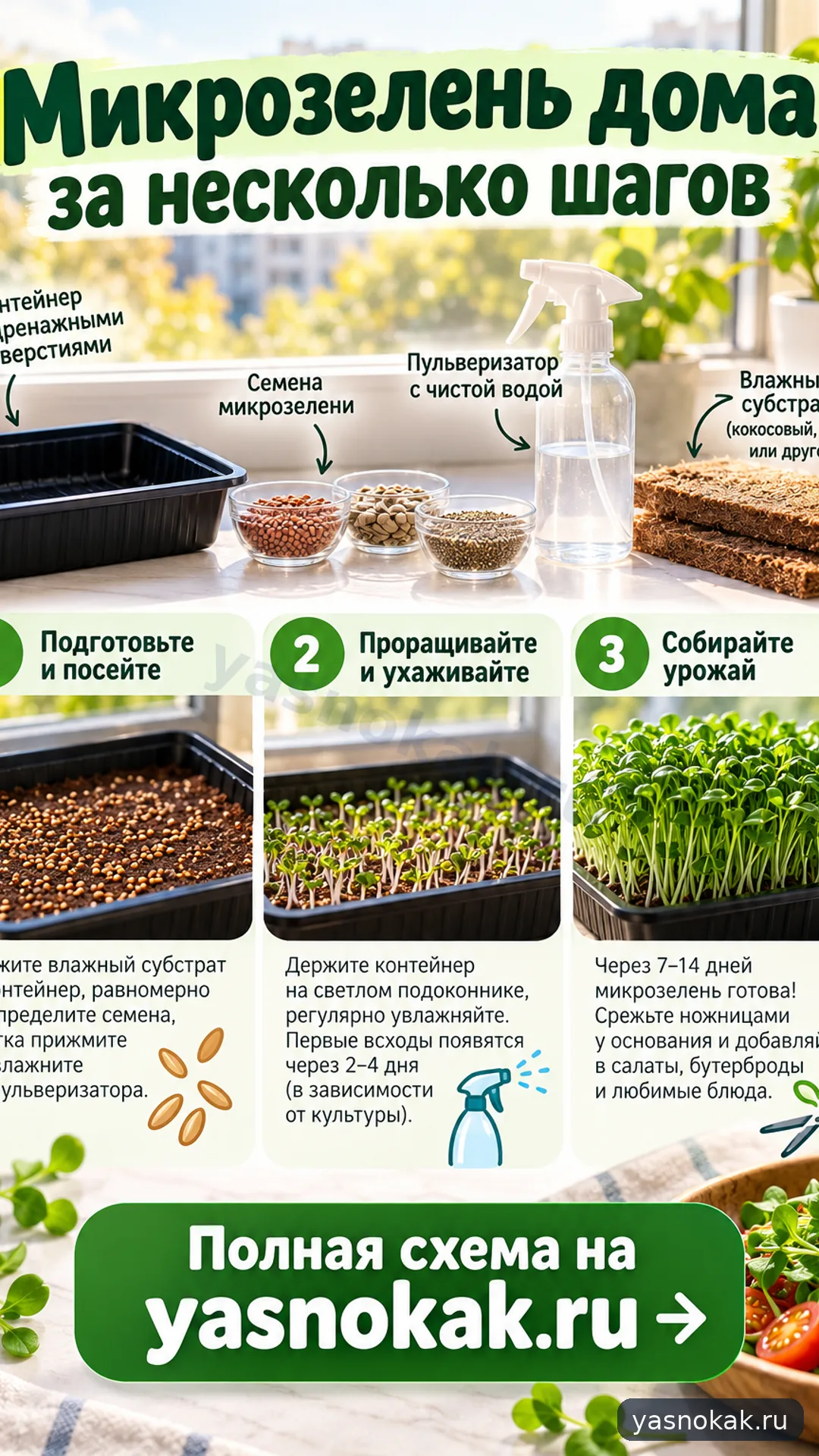 Схема: Как вырастить микрозелень на подоконнике дома