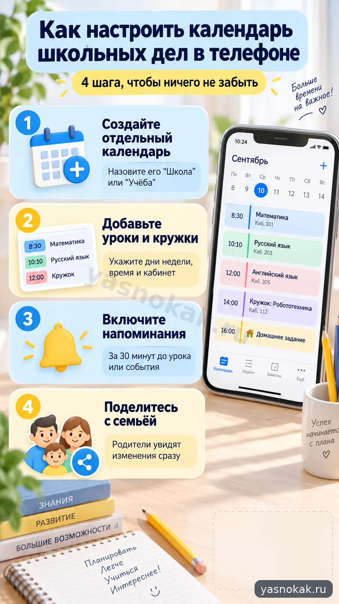 Схема: Как настроить календарь школьных дел в телефоне