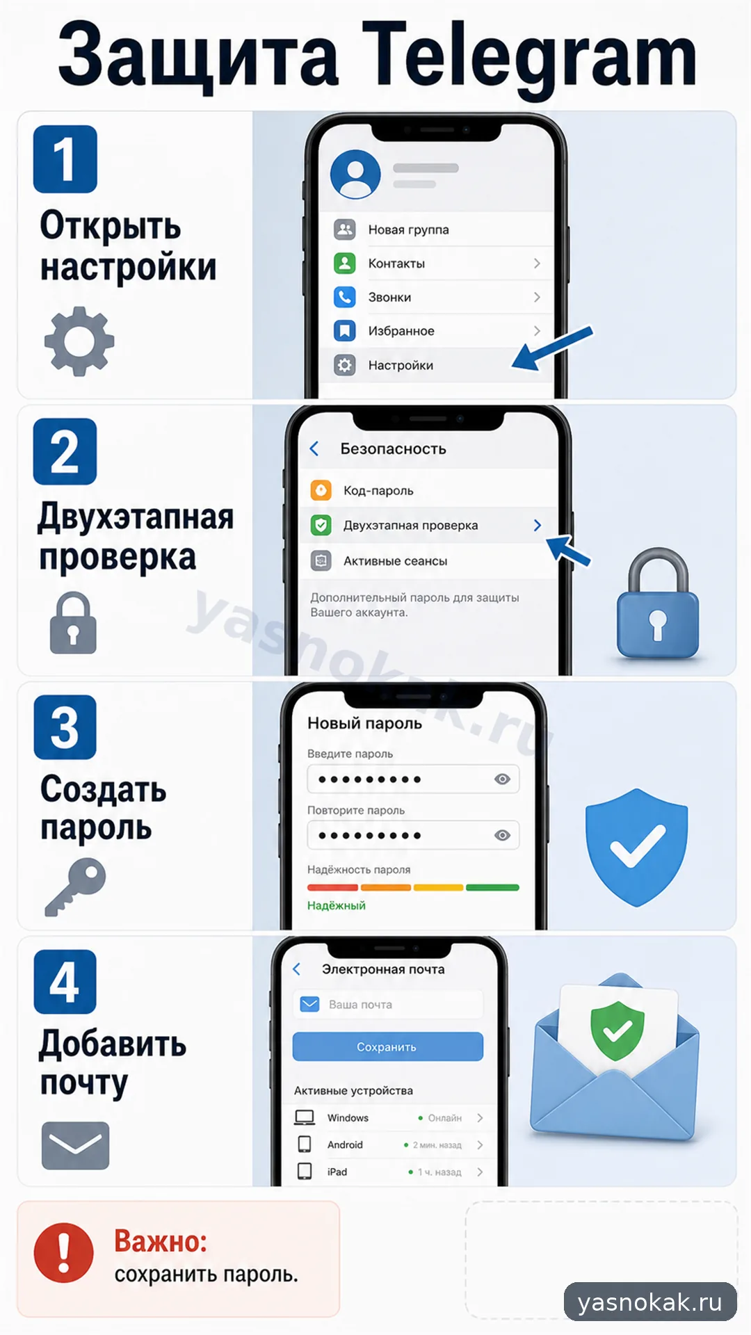 Схема: Как включить двухфакторную аутентификацию в Телеграмме