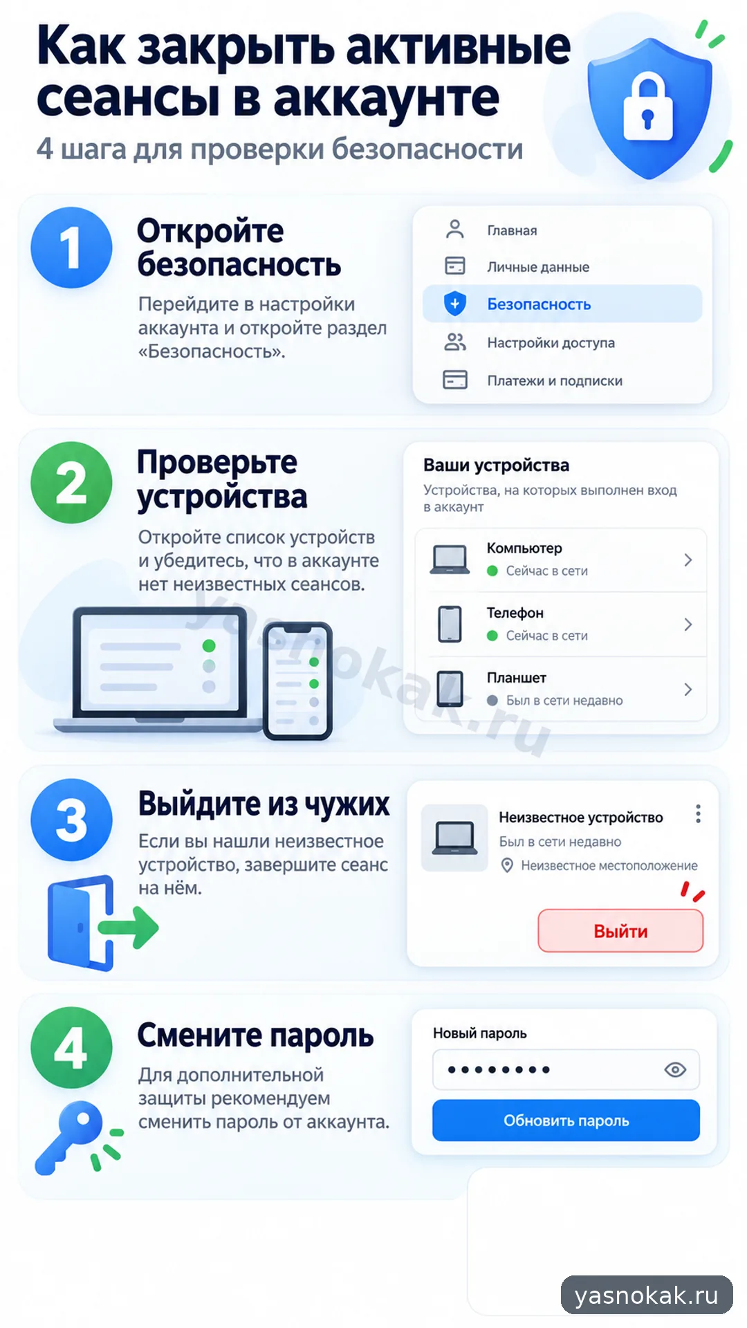 Схема: Как закрыть активные сеансы в Google аккаунте